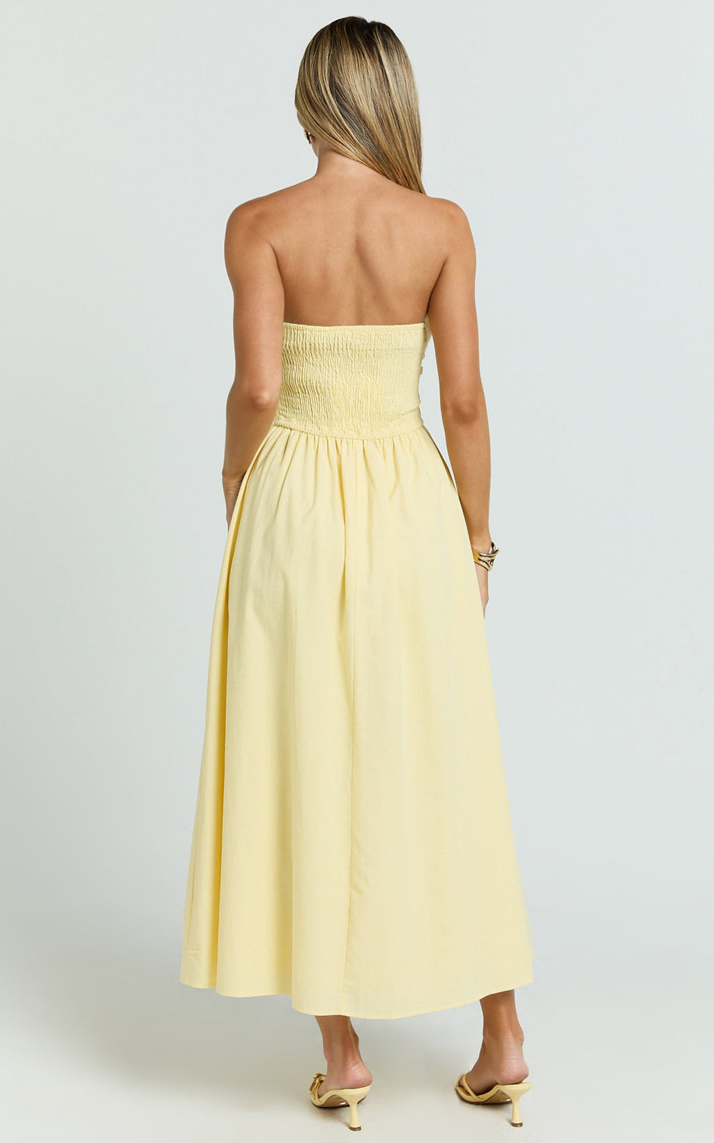 Polly Midi Dress - Strapless Ruched Dress in Lemon