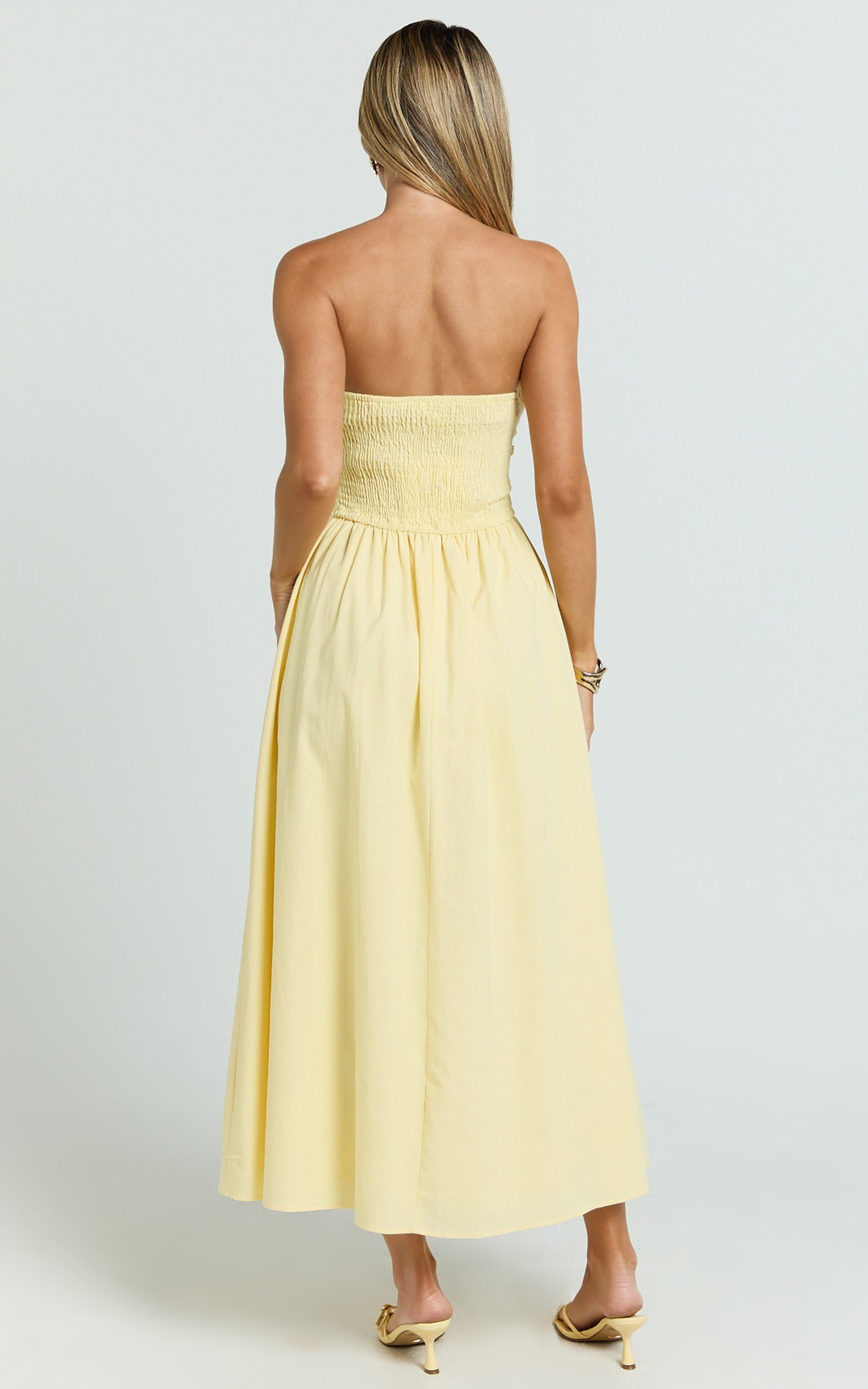 Polly Midi Dress - Strapless Ruched Dress in Lemon