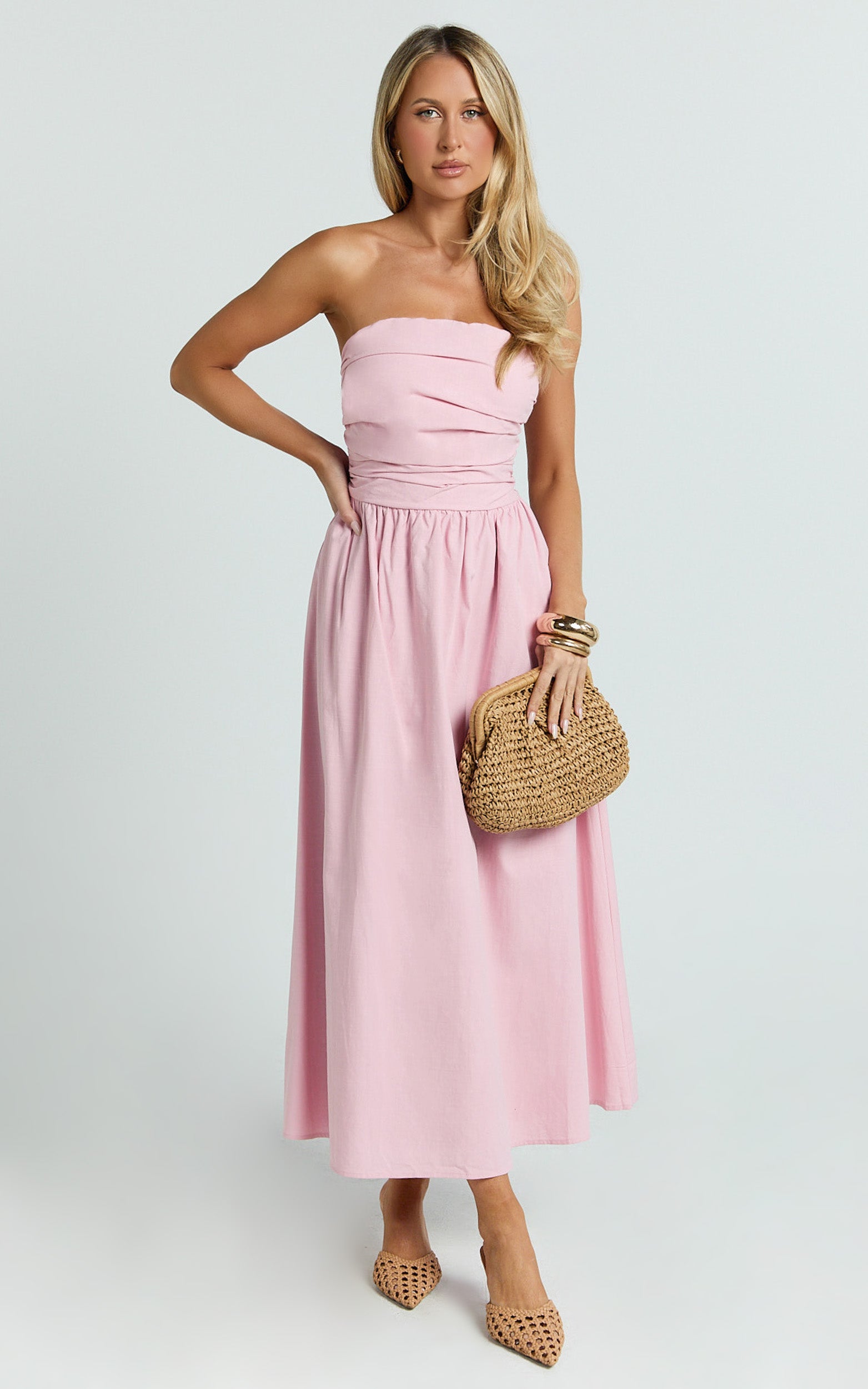 Polly Midi Dress - Strapless Ruched Dress in Pink