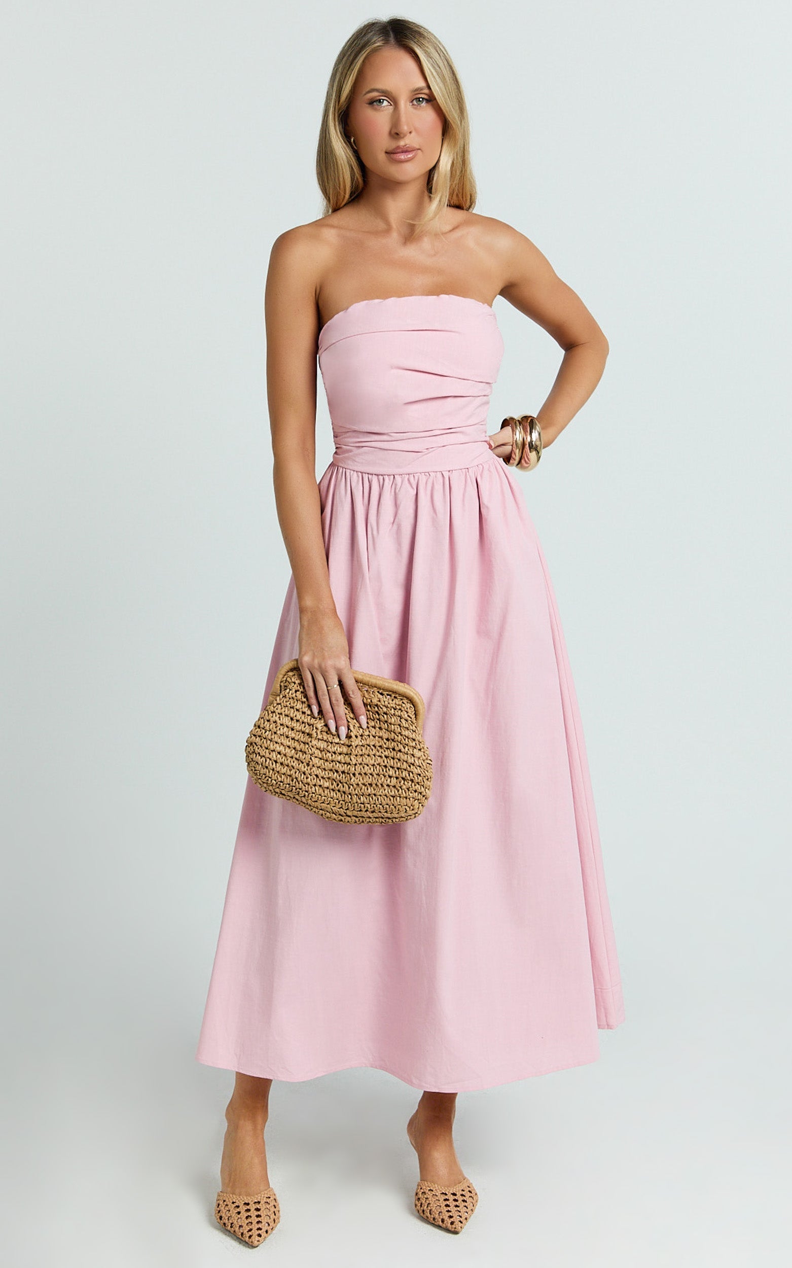 Polly Midi Dress - Strapless Ruched Dress in Pink