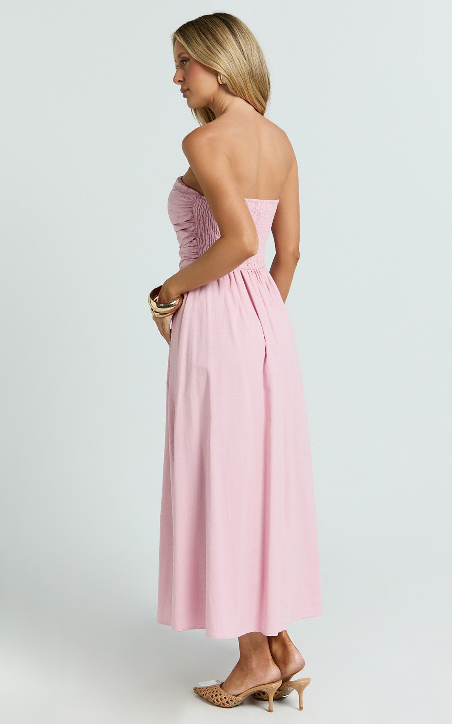 Polly Midi Dress - Strapless Ruched Dress in Pink