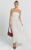 Polly Midi Dress - Strapless Ruched Dress in Red Polka Dot