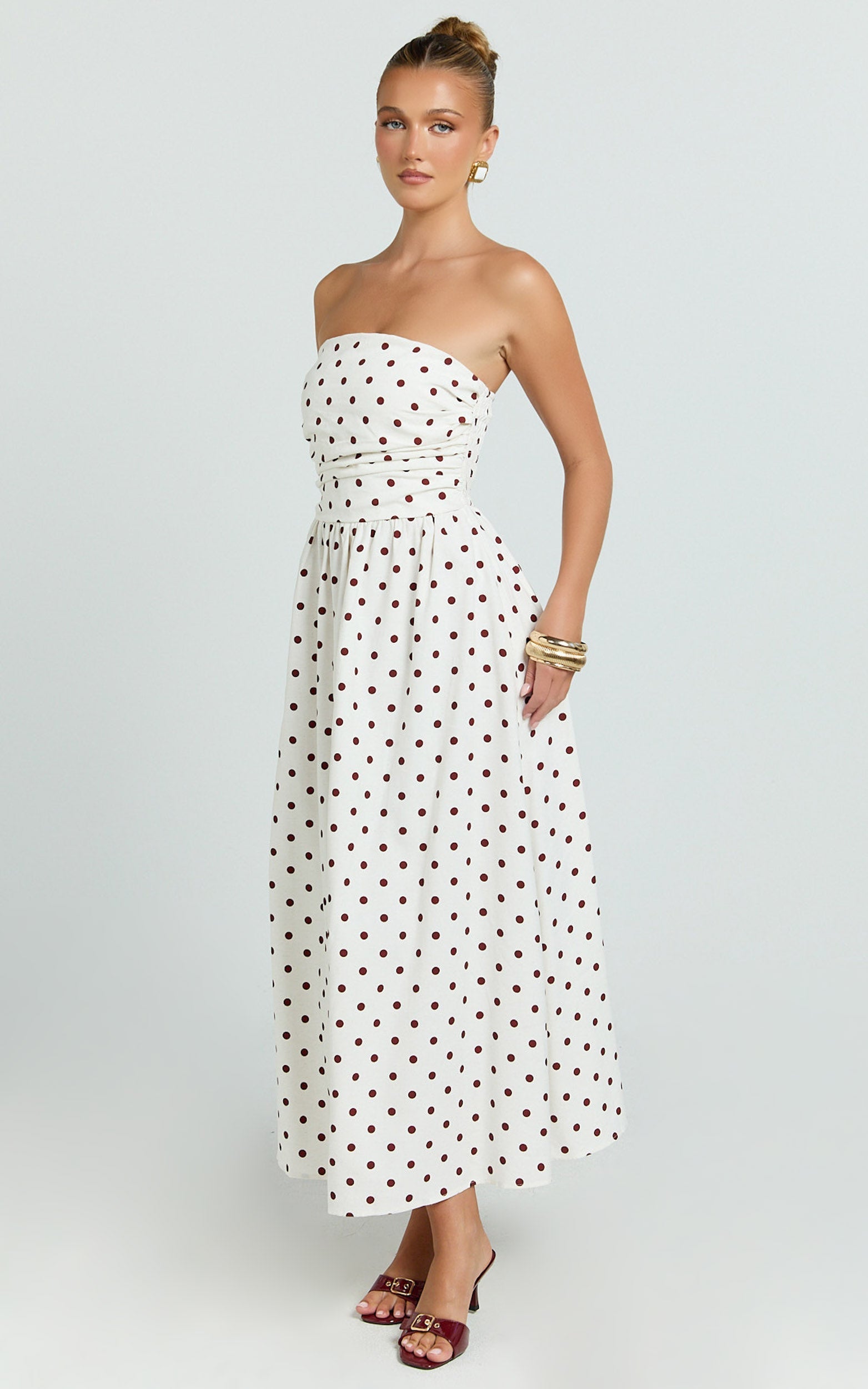 Polly Midi Dress - Strapless Ruched Dress in Red Polka Dot