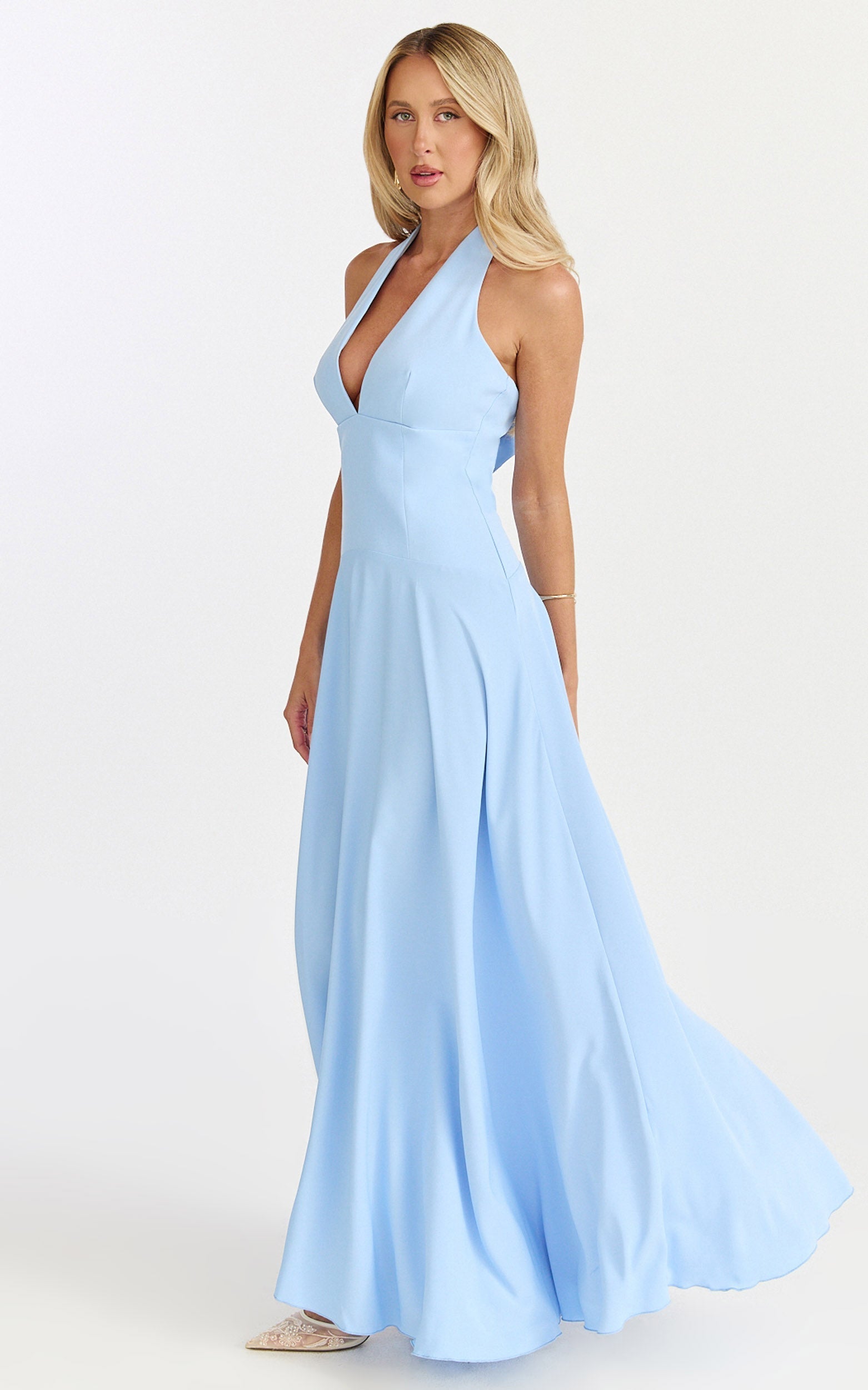 Poppy Maxi Dress - Contrast Skirt Deep Plunge Halter Dress in Blue