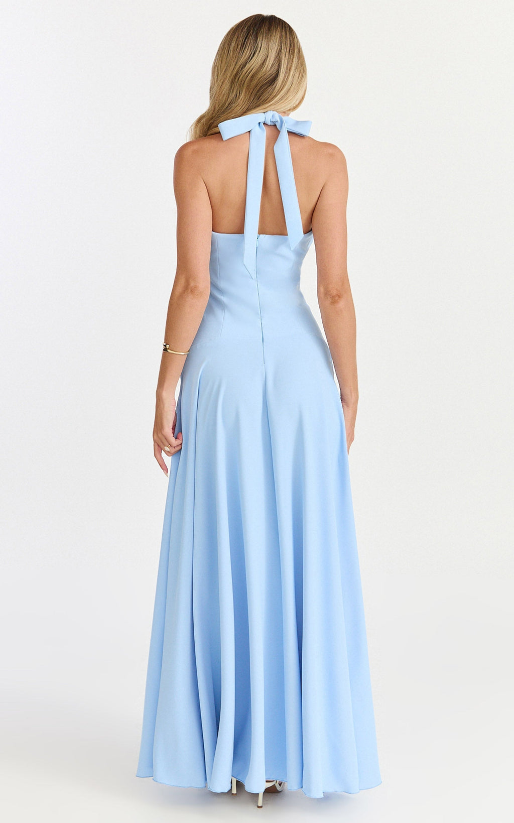 Poppy Maxi Dress - Contrast Skirt Deep Plunge Halter Dress in Blue