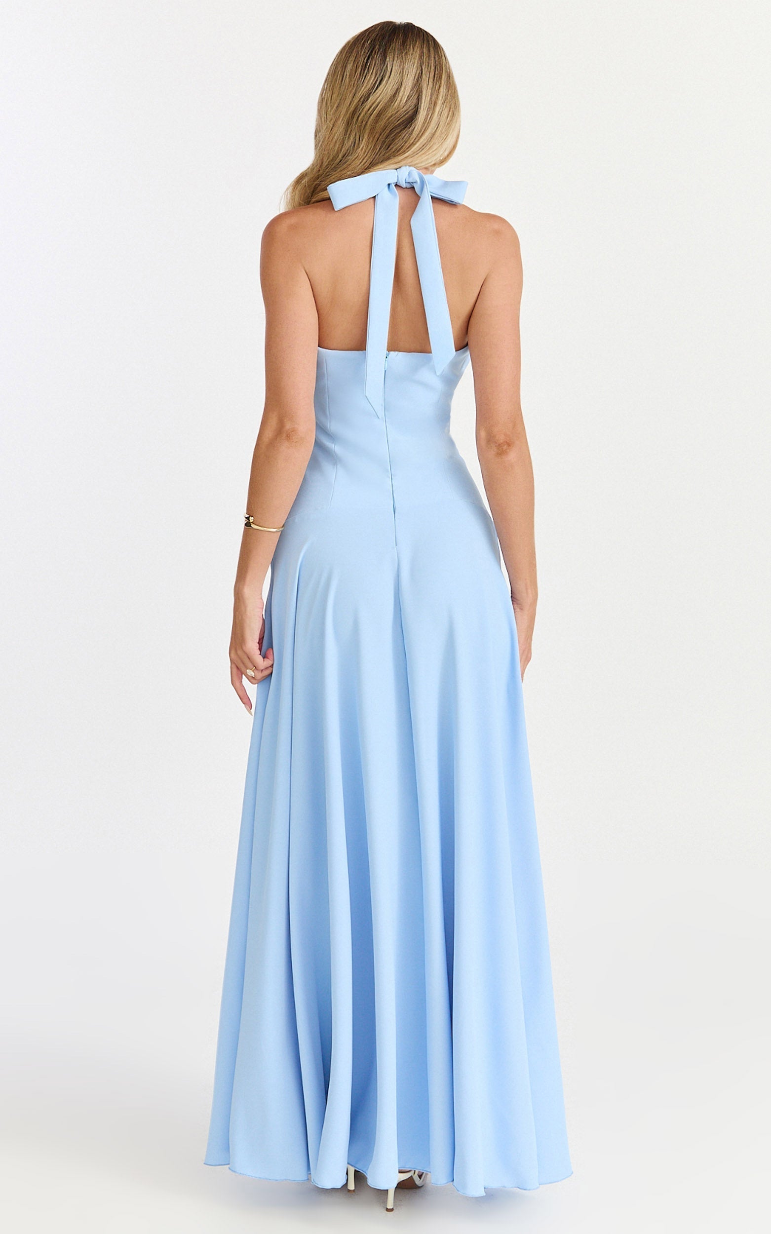 Poppy Maxi Dress - Contrast Skirt Deep Plunge Halter Dress in Blue
