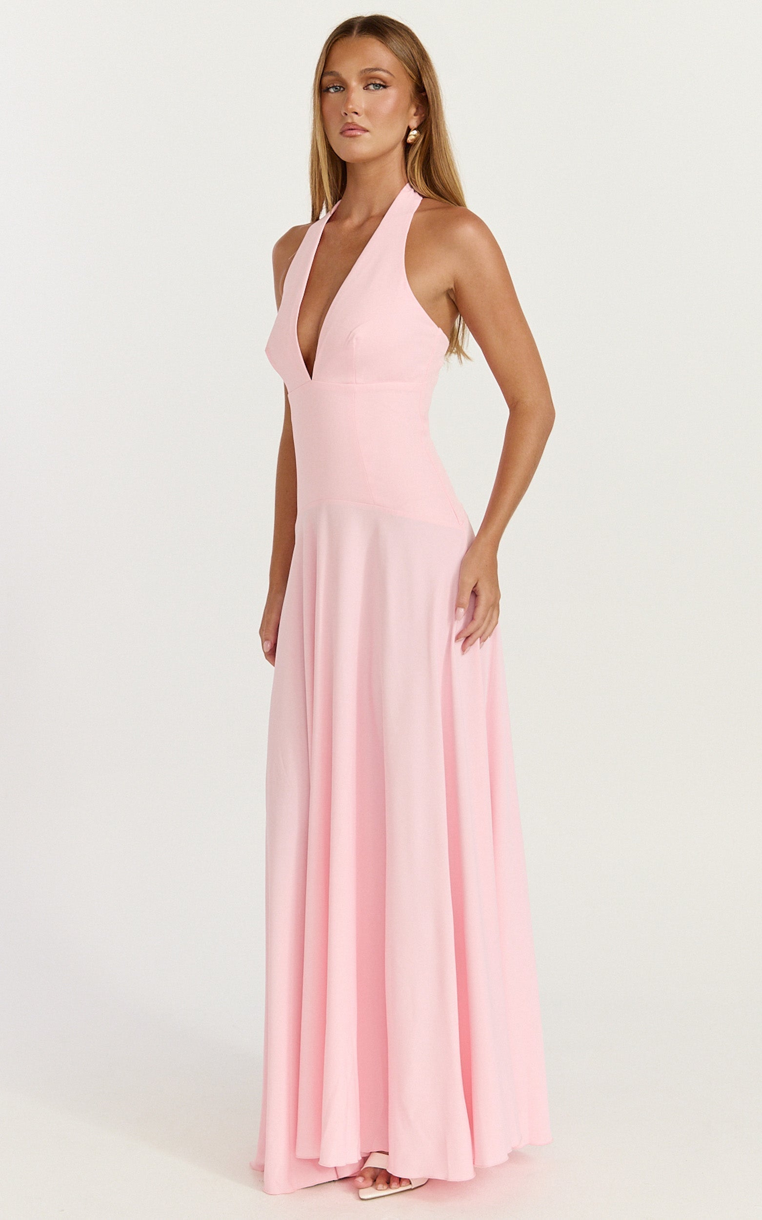 Poppy Maxi Dress - Contrast Skirt Deep Plunge Halter Dress in Soft Pink