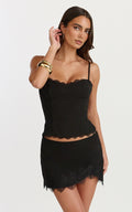 Primrose Mini Skirt - Side Split Lace Insert Slip Skirt in Black