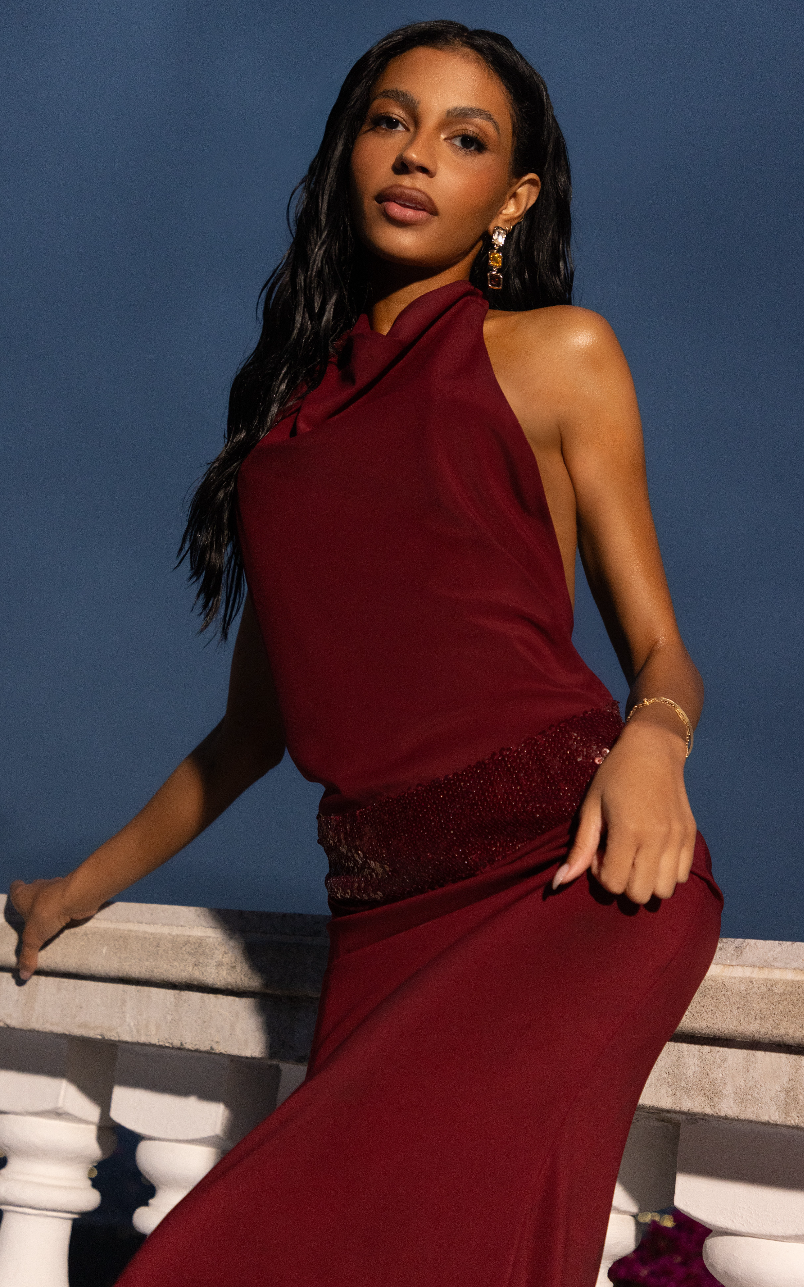 Evianne Maxi Dress - Backless Sequin Drop Waist Halter Dress in Wine