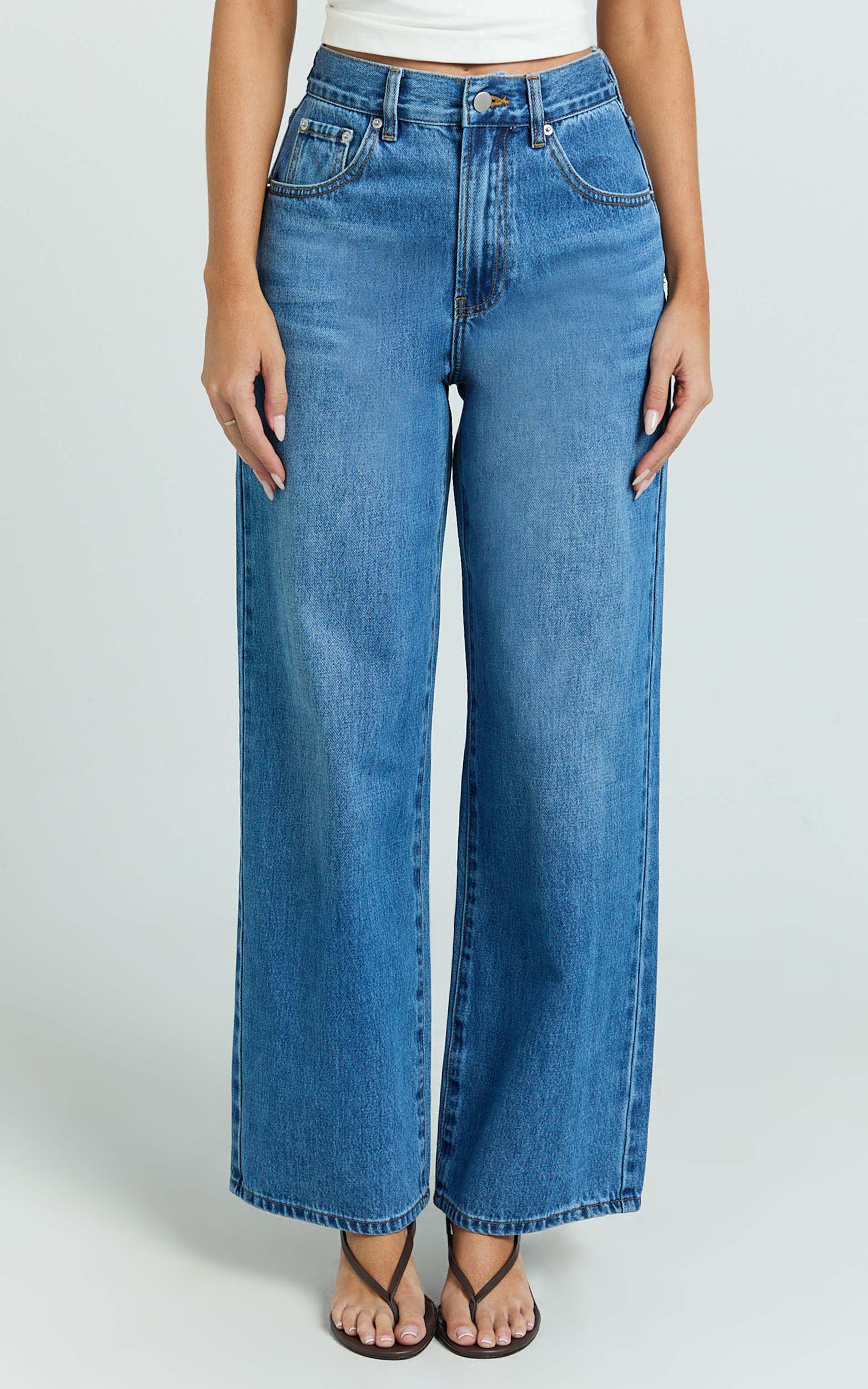 Rachel Jeans - Cinch Waist Wide Leg Denim Jeans in Mid Vintage Wash