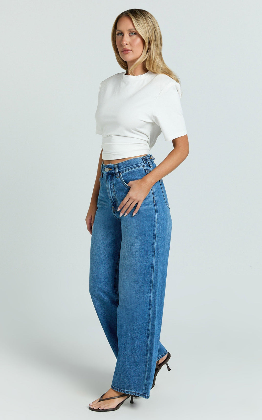 Rachel Jeans - Cinch Waist Wide Leg Denim Jeans in Mid Vintage Wash