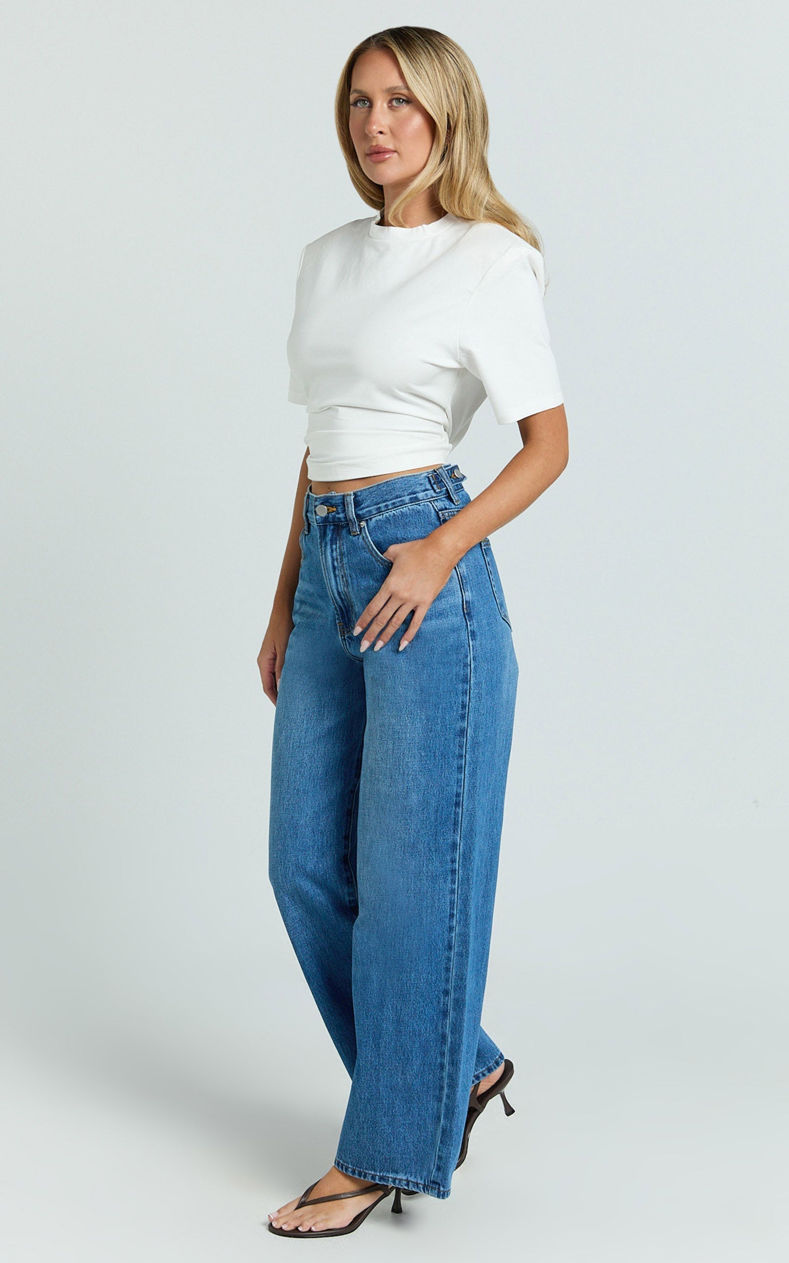 Rachel Jeans - Cinch Waist Wide Leg Denim Jeans in Mid Vintage Wash