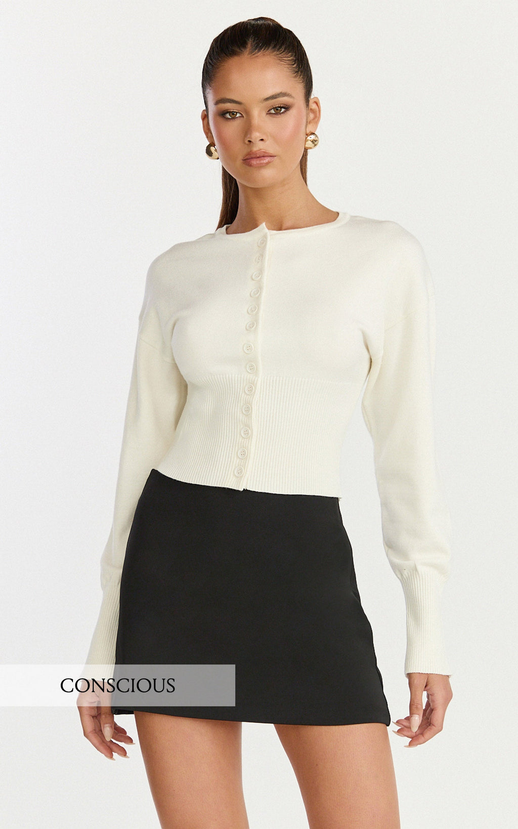 Ramsey Cardigan - Recycled Contoured Waist Button Down Cardigan in Ivory