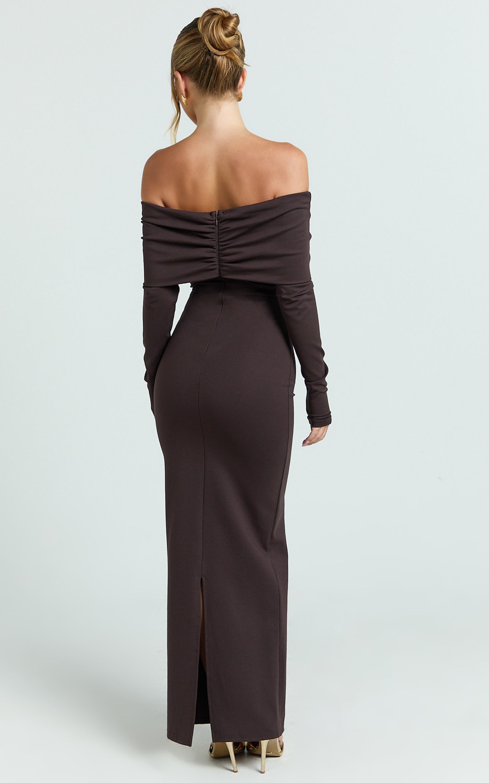 Rani Maxi Dress - Off Shoulder Long Sleeve Bodycon Dress in Chocolate