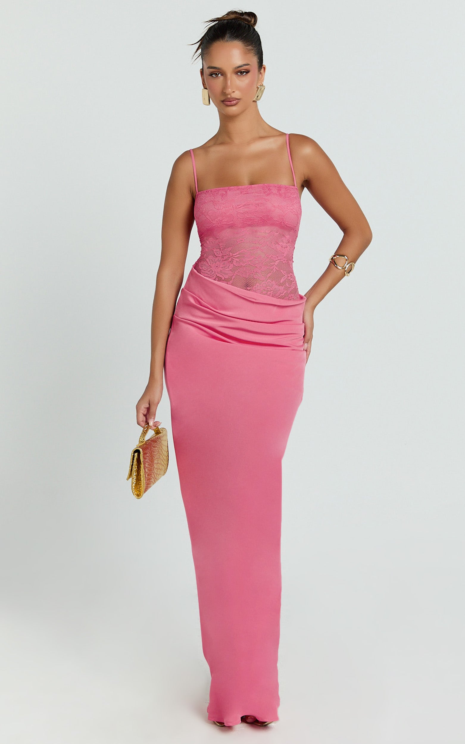 Rania Maxi Dress - Contrast Lace Bodice Bias Cowl Drop Waist Dress in Dark Pink