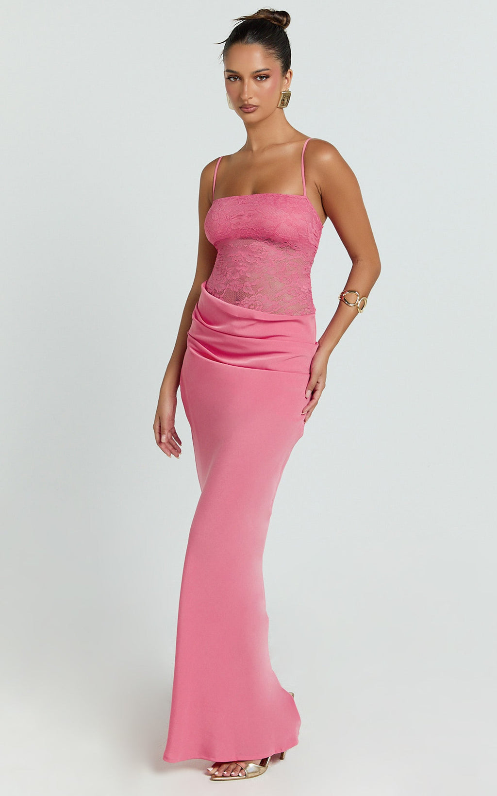 Rania Maxi Dress - Contrast Lace Bodice Bias Cowl Drop Waist Dress in Dark Pink