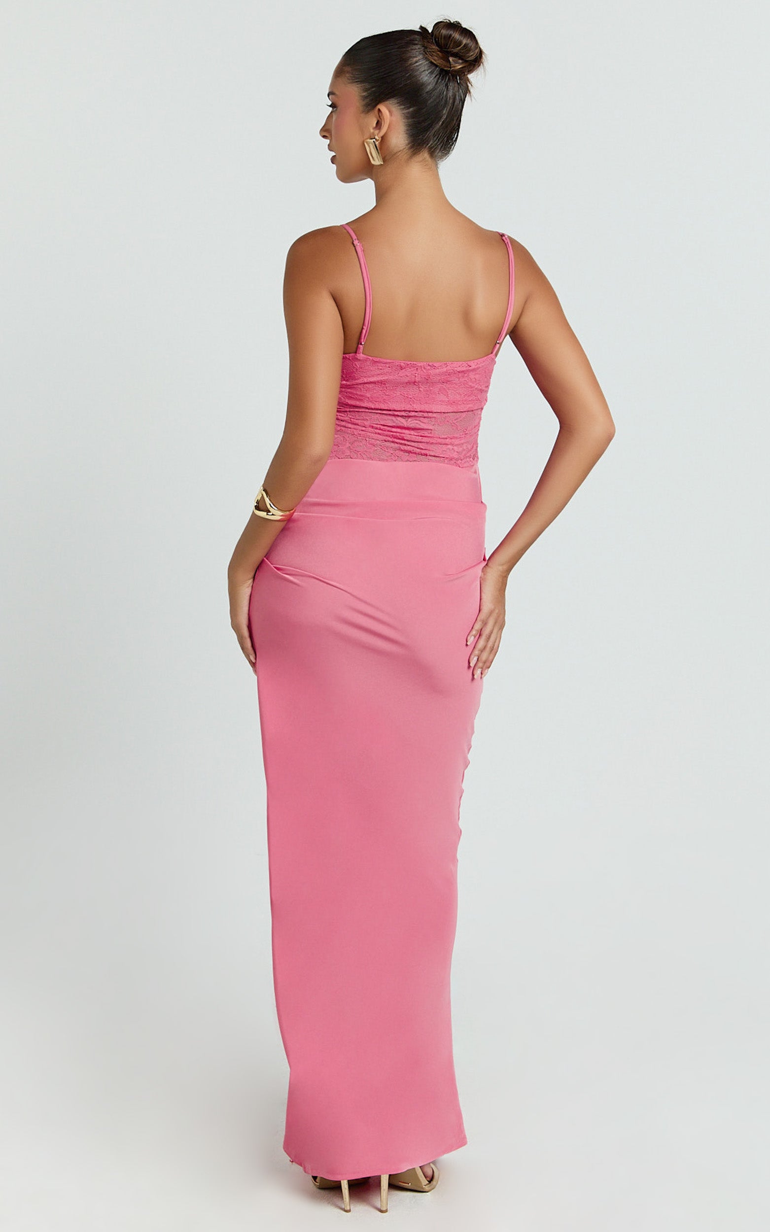 Rania Maxi Dress - Contrast Lace Bodice Bias Cowl Drop Waist Dress in Dark Pink