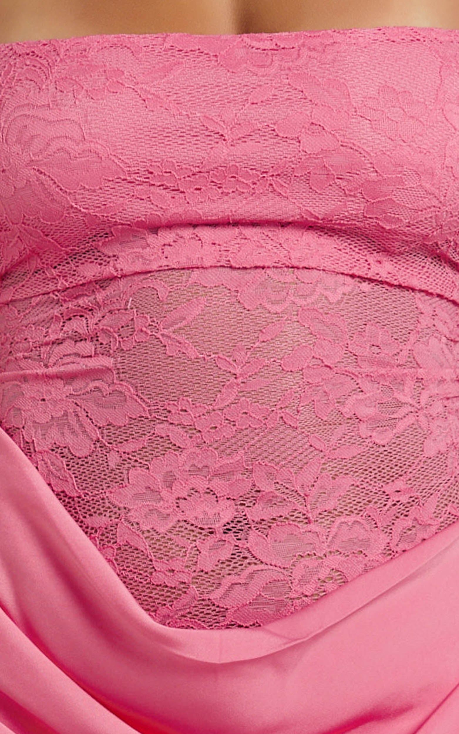 Rania Mini Dress - Square Neck Cowl Waist Lace Dress in Dark Pink