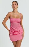 Rania Mini Dress - Square Neck Cowl Waist Lace Dress in Dark Pink