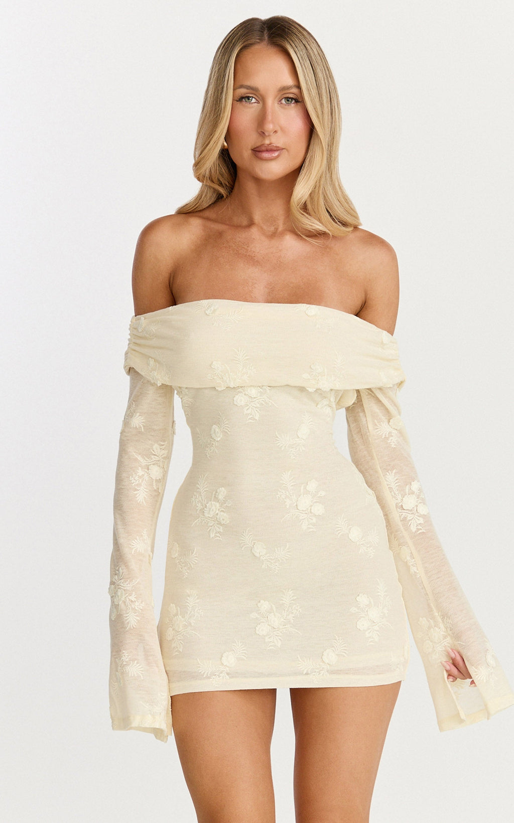 Raymond Mini Dress - Off Shoulder Long Sleeve Fitted Dress in Lemon