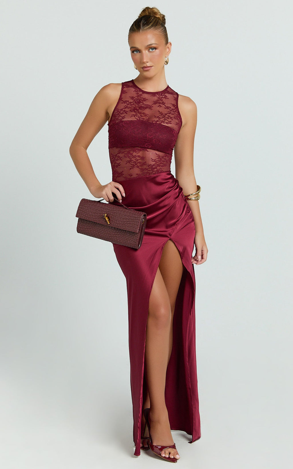 Reeves Maxi Dress - Contrast Lace High Neck Fitted Satin Dress in Wine
