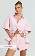 Rhianna Top - Oversized Recycled Denim Short Sleeve Shirt in Pink