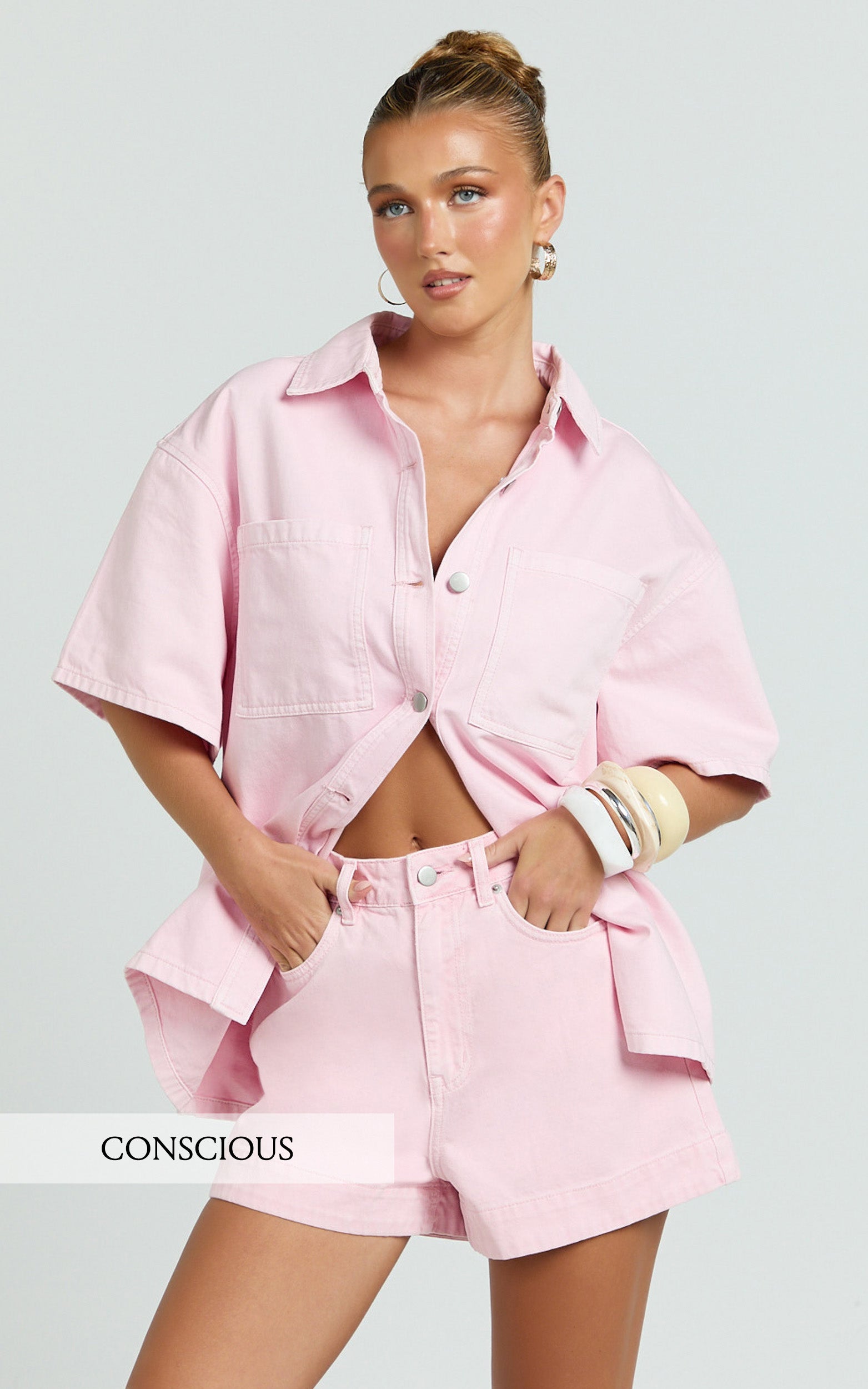 Rhianna Top - Oversized Recycled Denim Short Sleeve Shirt in Pink