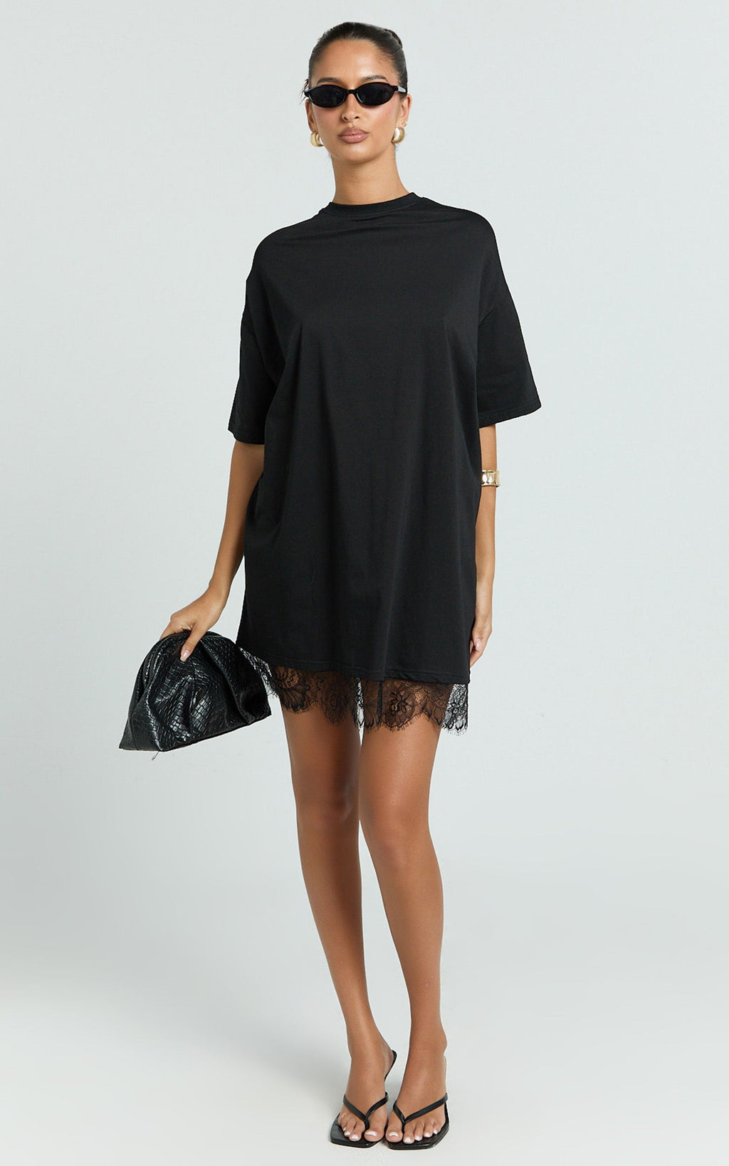 Rina Mini Dress - Mini Lace Trim Dress in Black