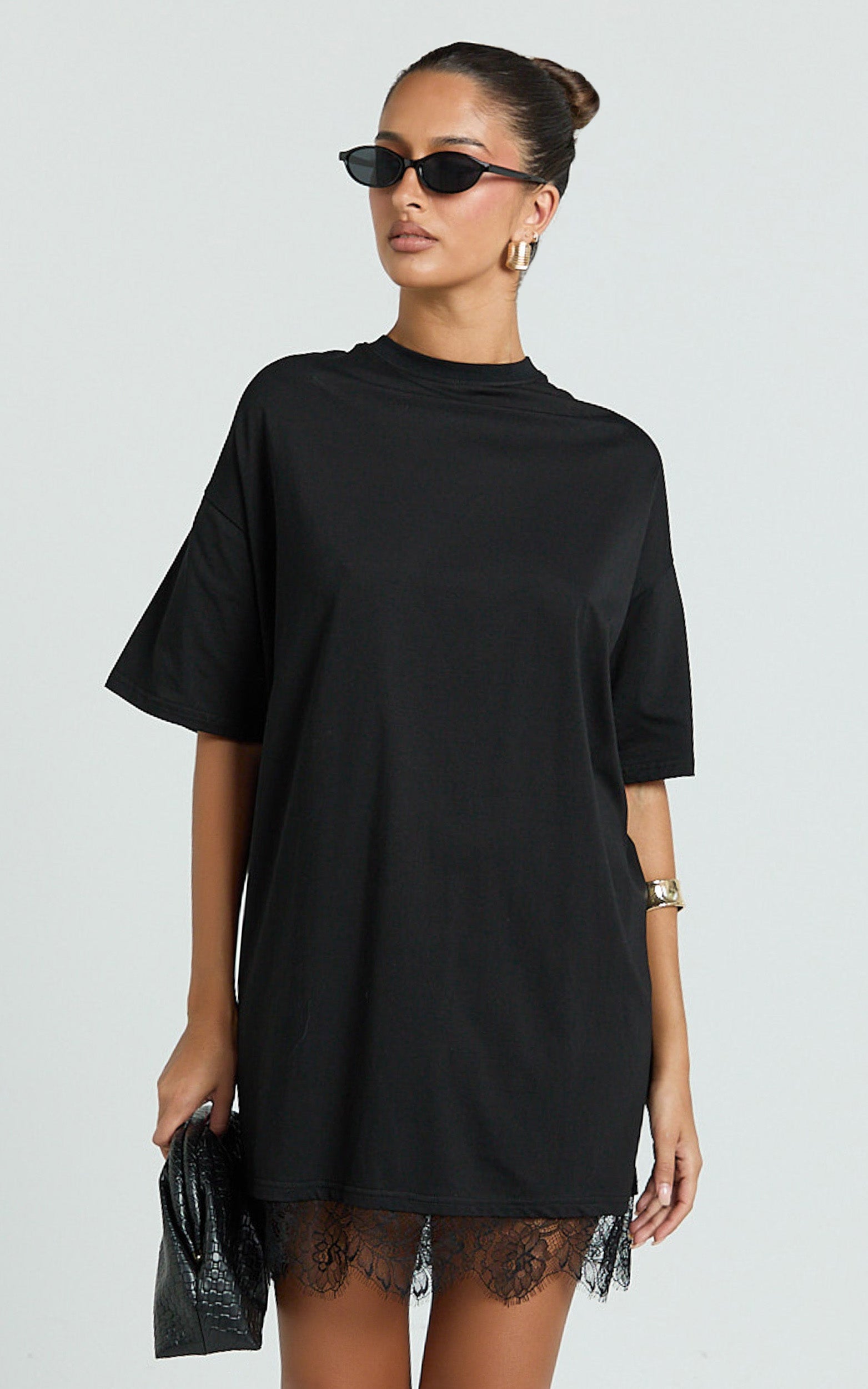 Rina Mini Dress - Mini Lace Trim Dress in Black