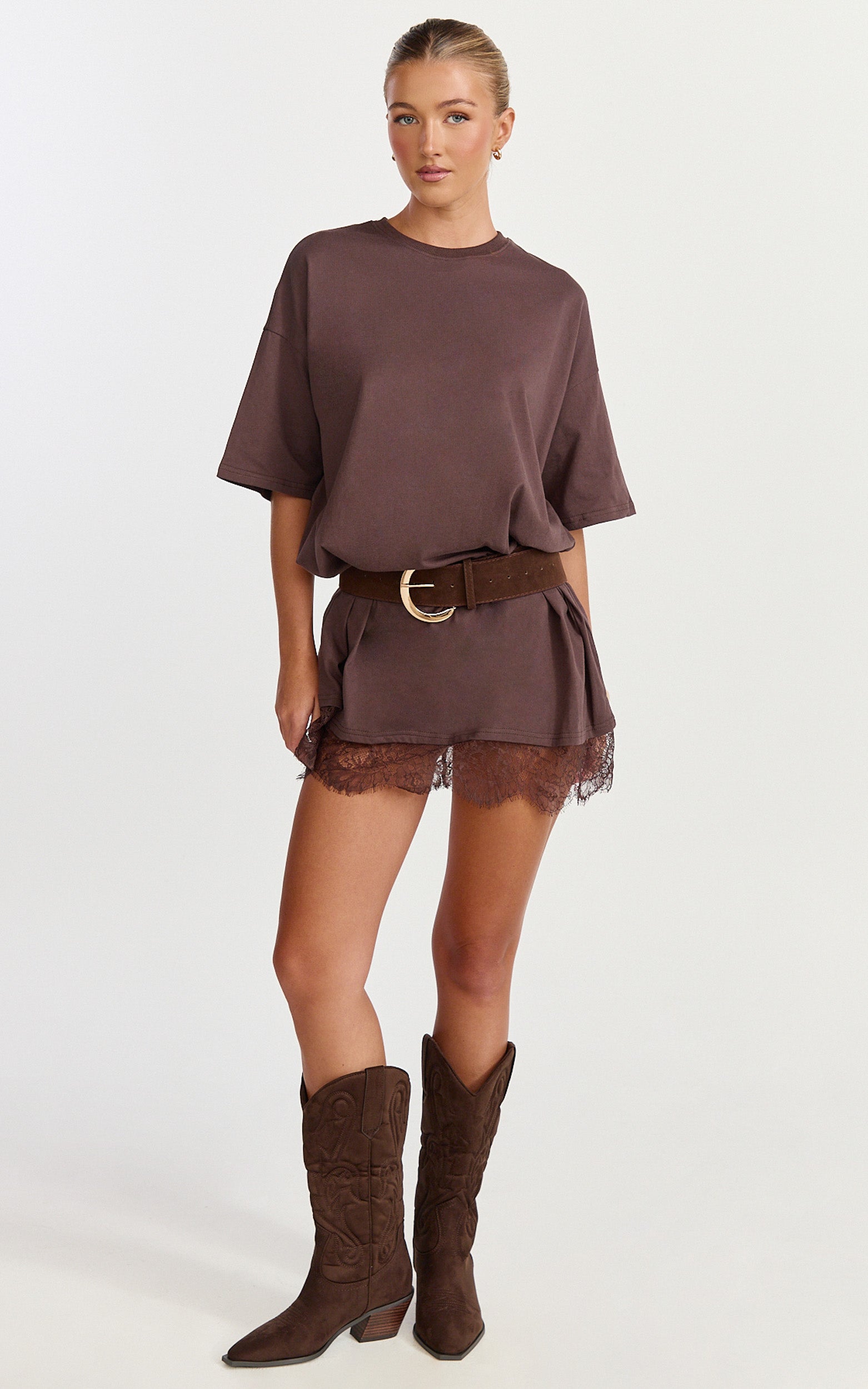 Rina Mini Dress - Mini Lace Trim Dress in Chocolate