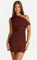 Robilyn Top - Off Shoulder Linen Look Top in Chocolate