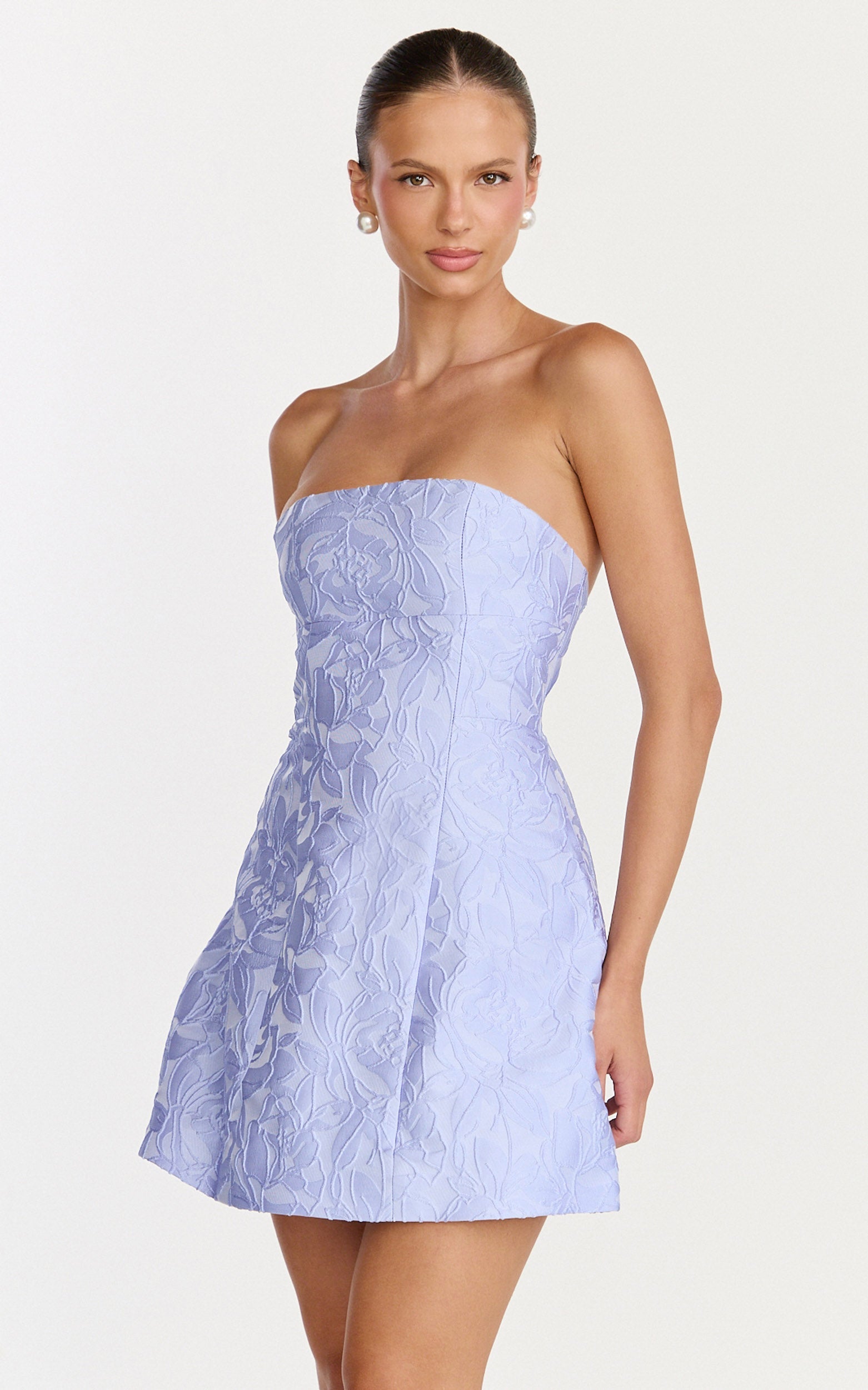 Rosalie Mini Dress - Strapless Jacquard Floral Mini Dress in Blue
