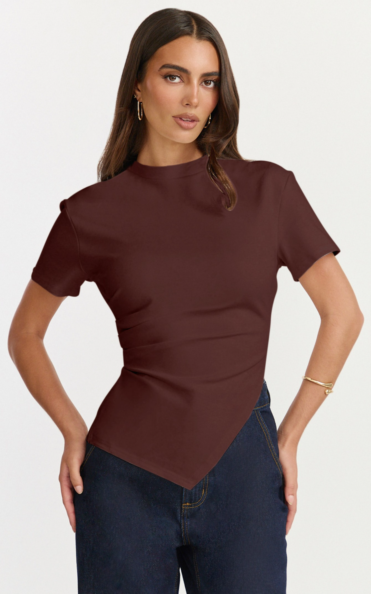 Rosalie Top - Asym Ruched Tshirt in Chocolate