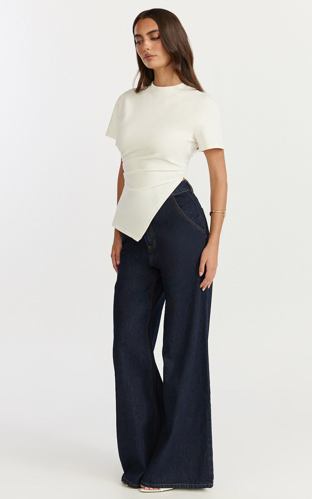 Rosalie Top - Asym Ruched Tshirt in White