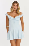 Rose Mini Dress - Ruffle Tie Front A Line Mini Dress in Pale Blue