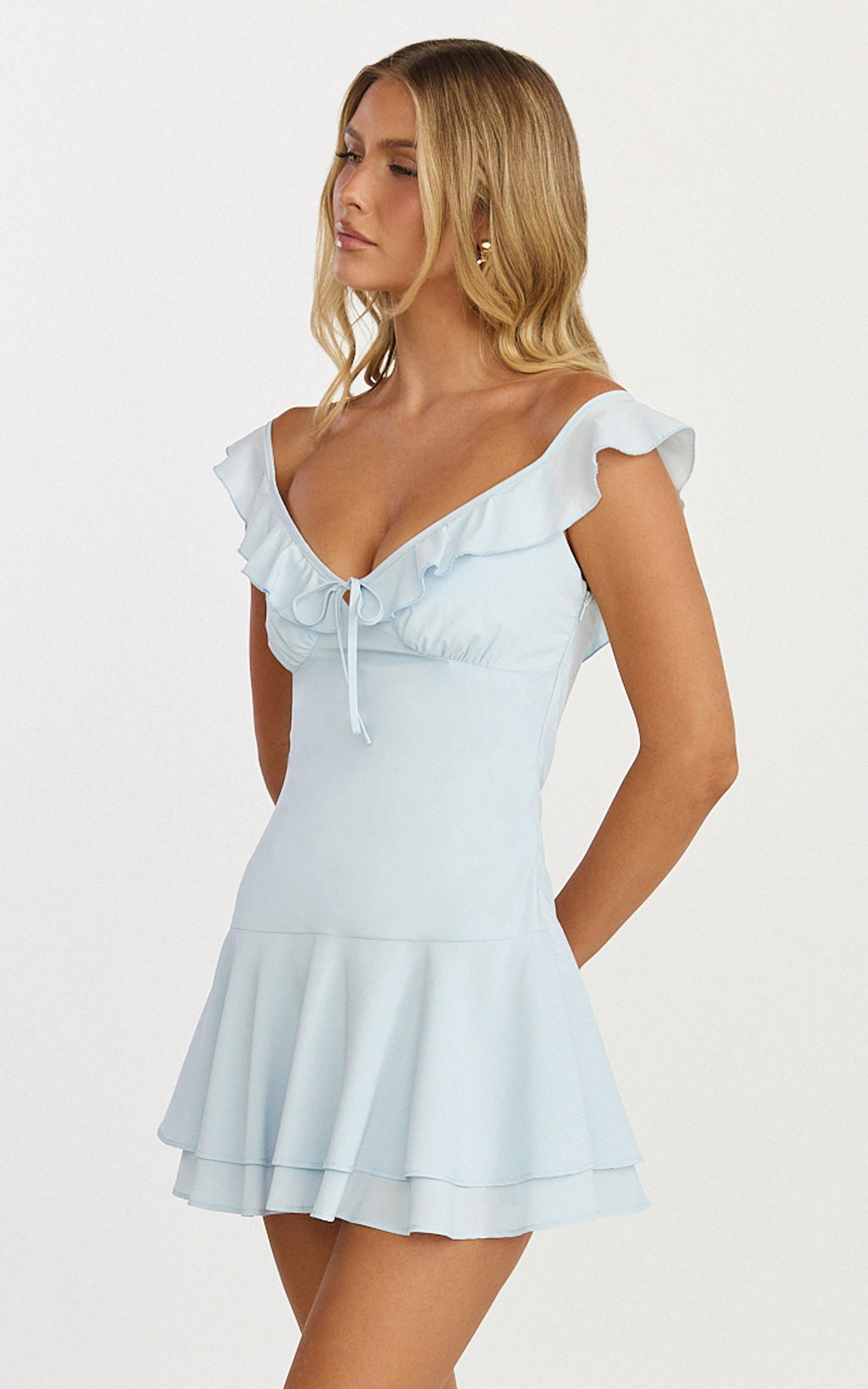 Rose Mini Dress - Ruffle Tie Front A Line Mini Dress in Pale Blue