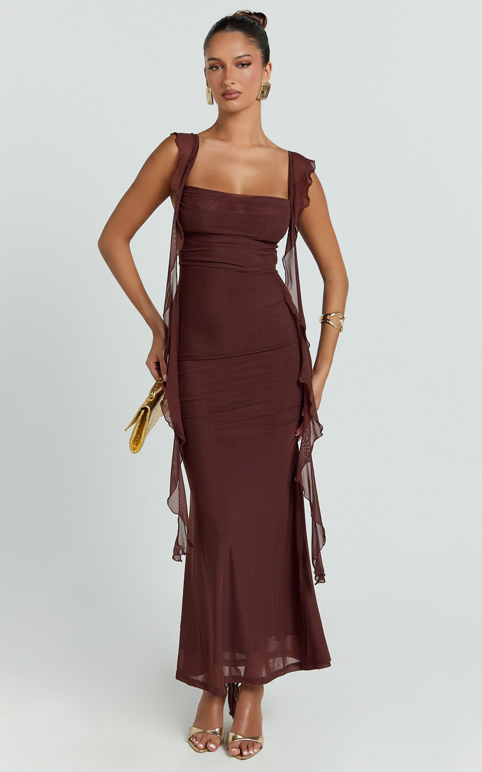 Rosha Midi Dress - Ruffle Strap Dress in Chocolate