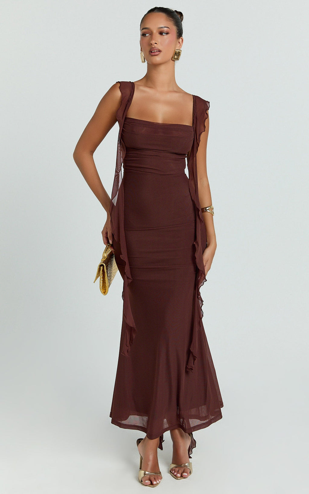 Rosha Midi Dress - Ruffle Strap Dress in Chocolate