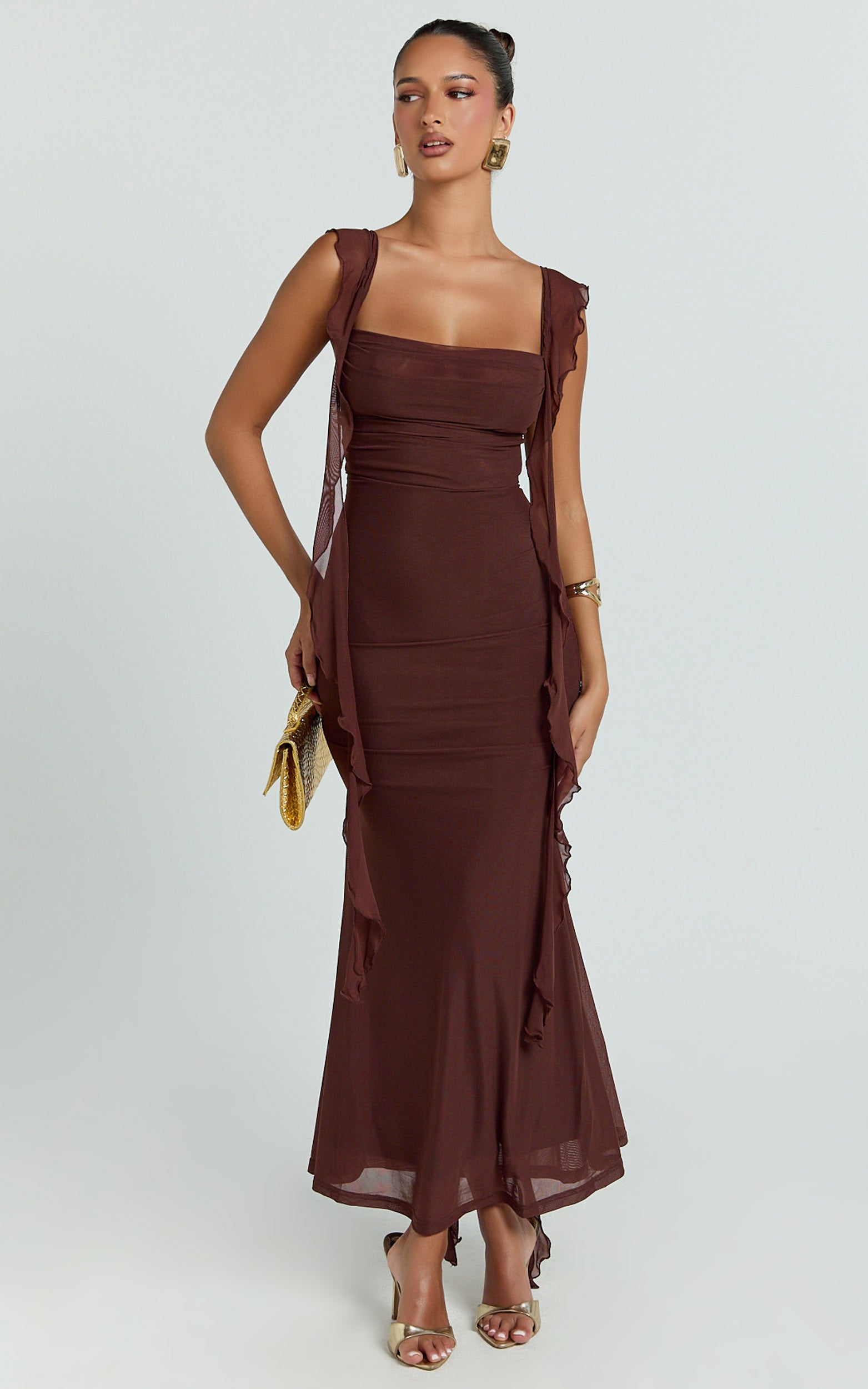 Rosha Midi Dress - Ruffle Strap Dress in Chocolate