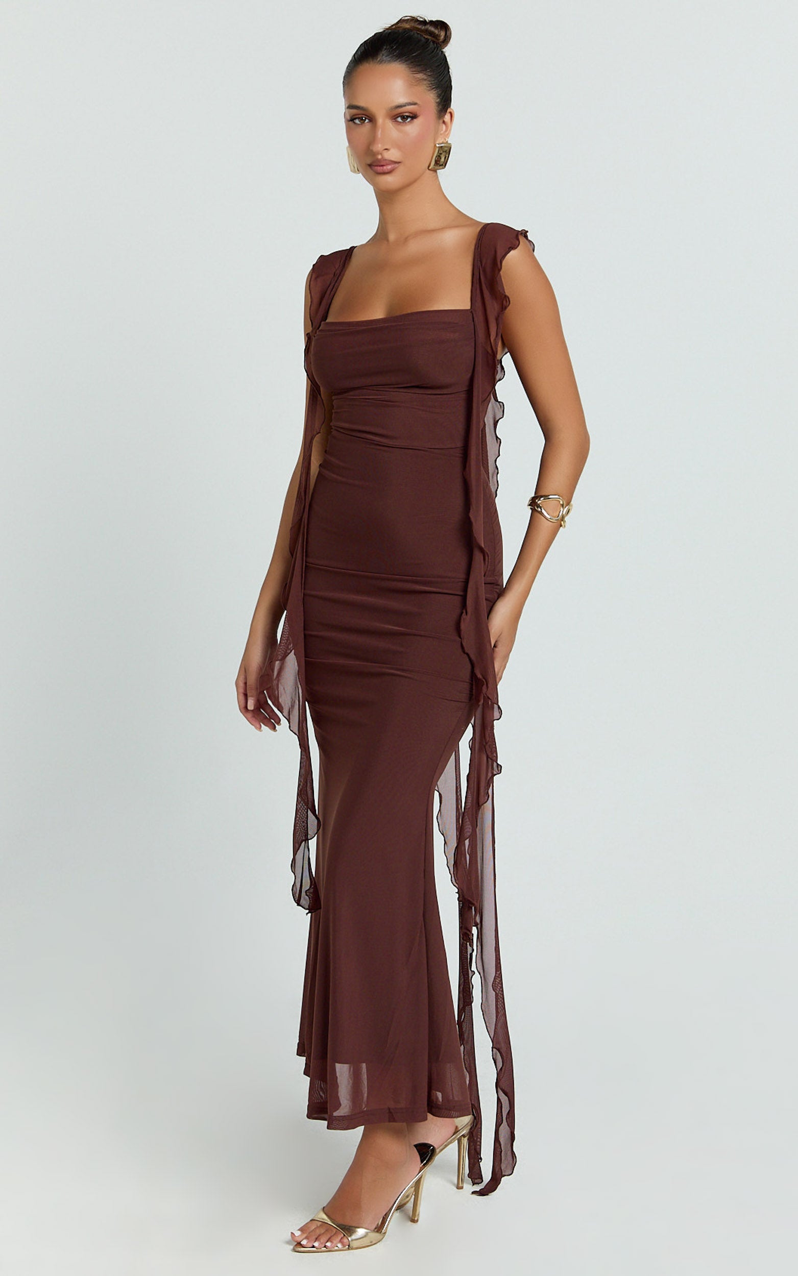Rosha Midi Dress - Ruffle Strap Dress in Chocolate