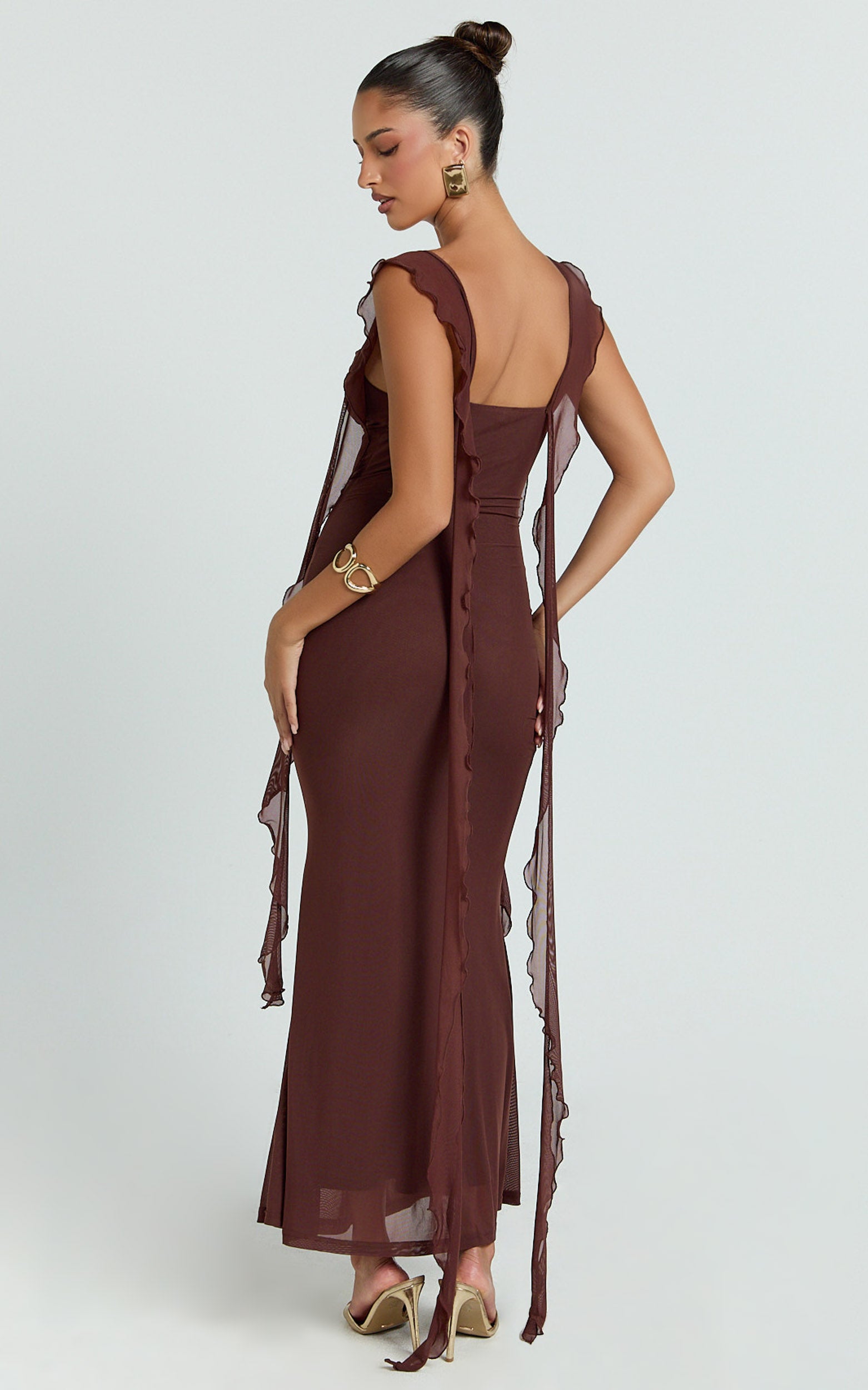 Rosha Midi Dress - Ruffle Strap Dress in Chocolate