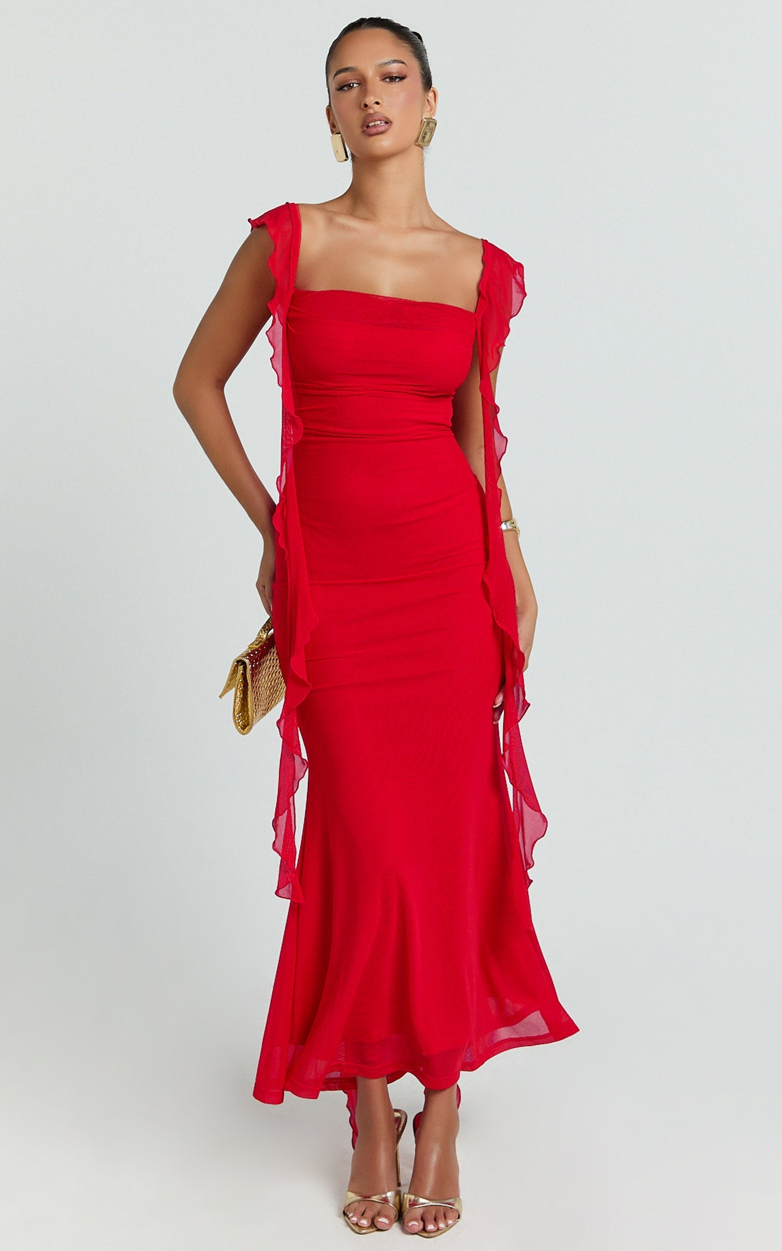 Rosha Midi Dress - Ruffle Strap Dress in Red