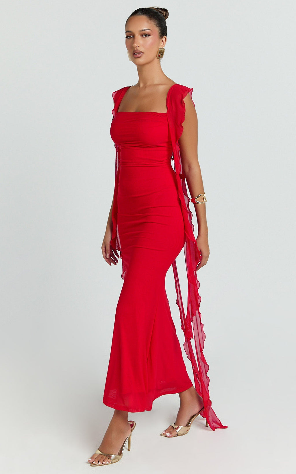 Rosha Midi Dress - Ruffle Strap Dress in Red