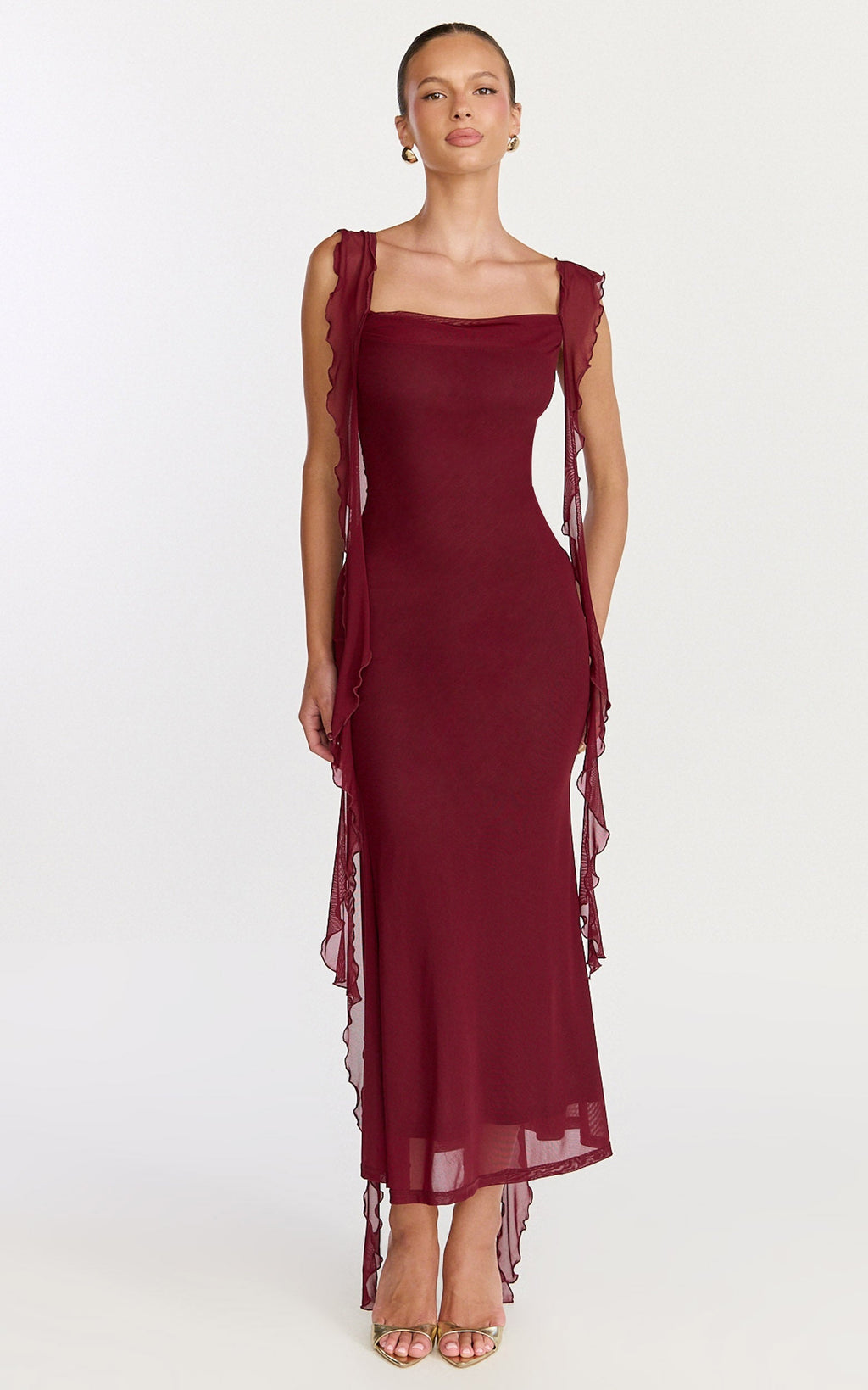 Rosha Midi Dress - Ruffle Strap Dress in Wine