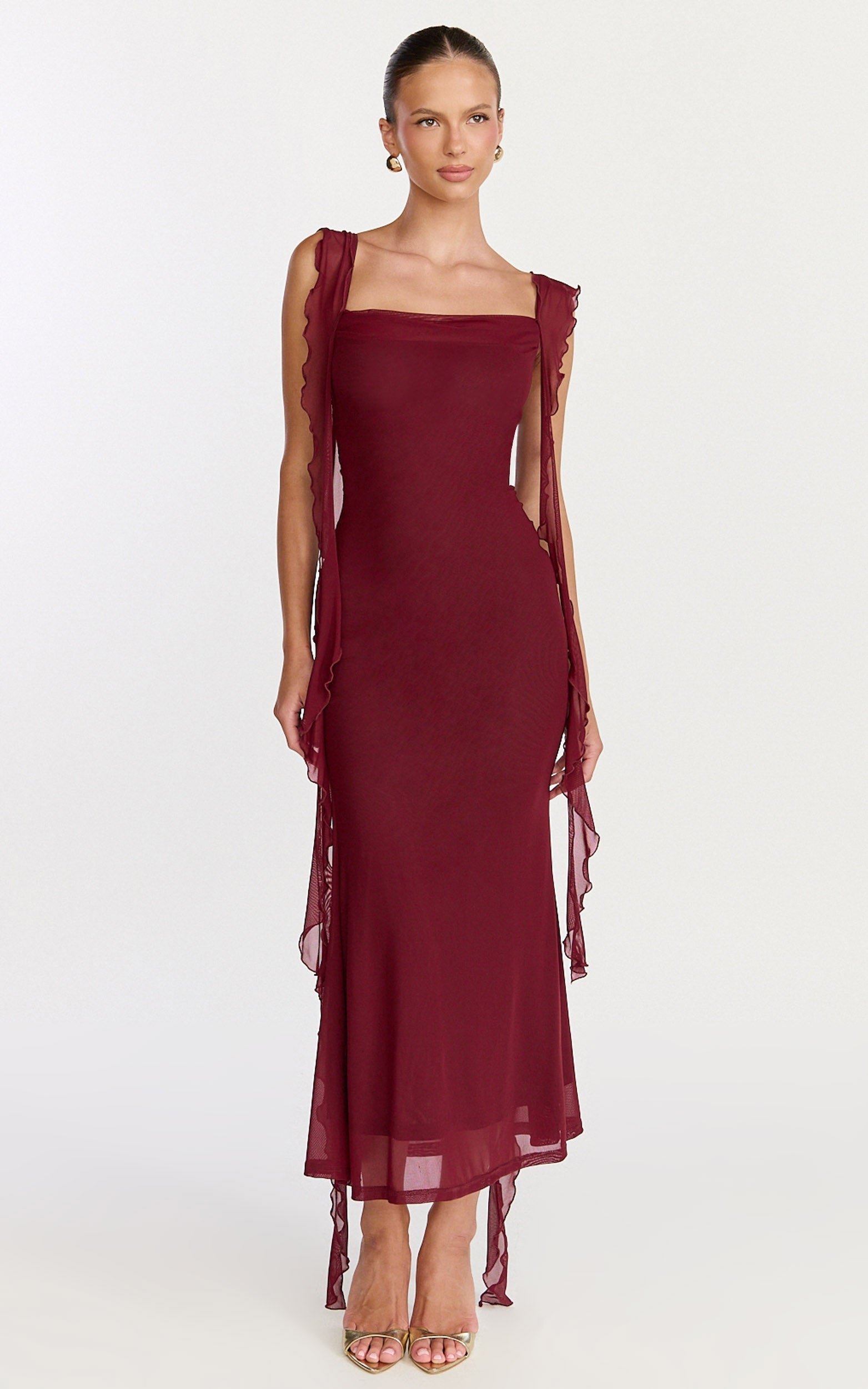 Rosha Midi Dress - Ruffle Strap Dress in Wine