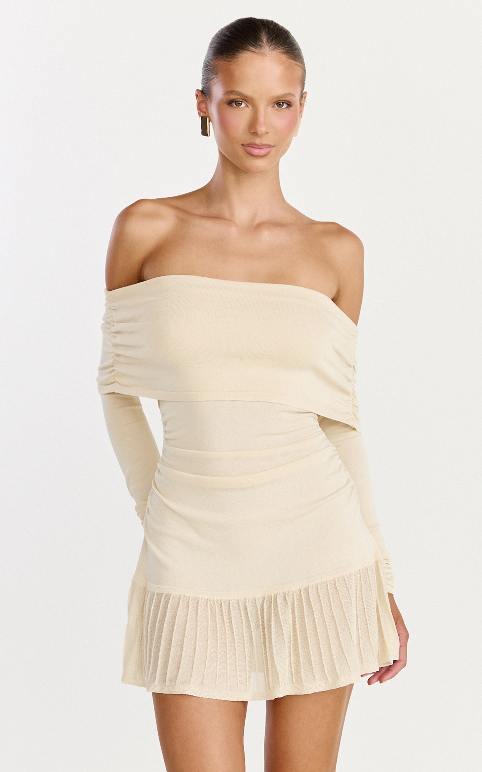 Roxy Mini Dress - Off Shoulder Long Sleeve Pleated Skirt Dress in Cream
