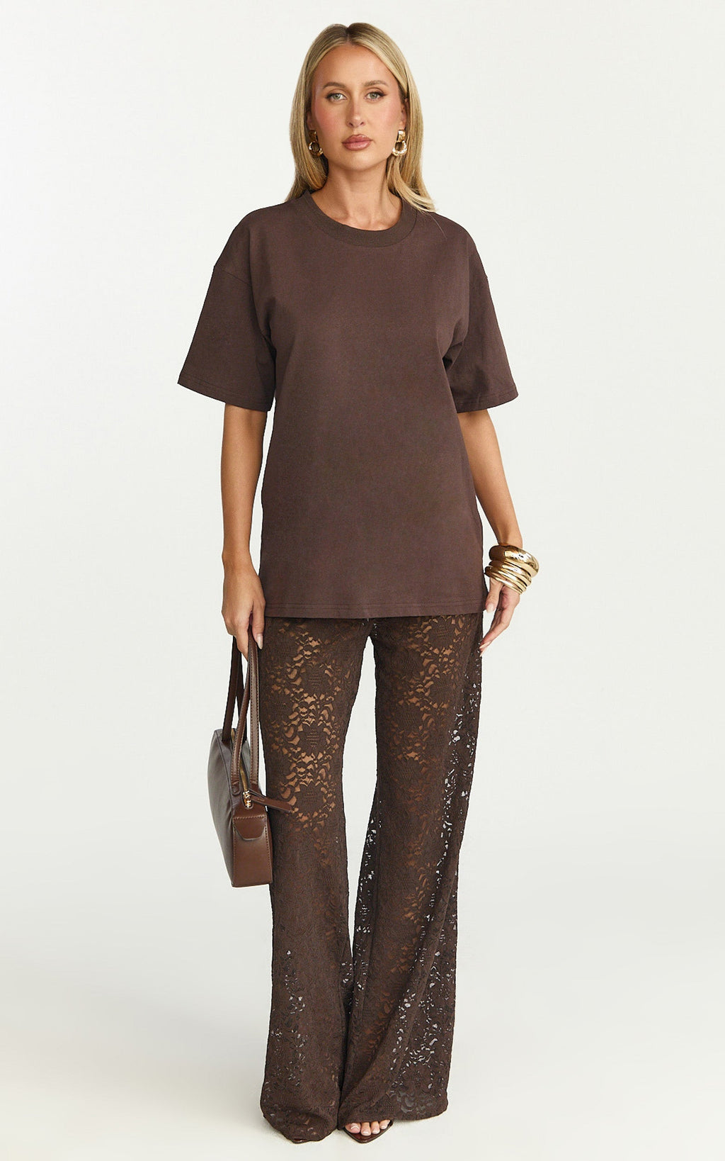 Roxy Pants - High Waist Lace Relaxed Drawstring Pants in Chocolate