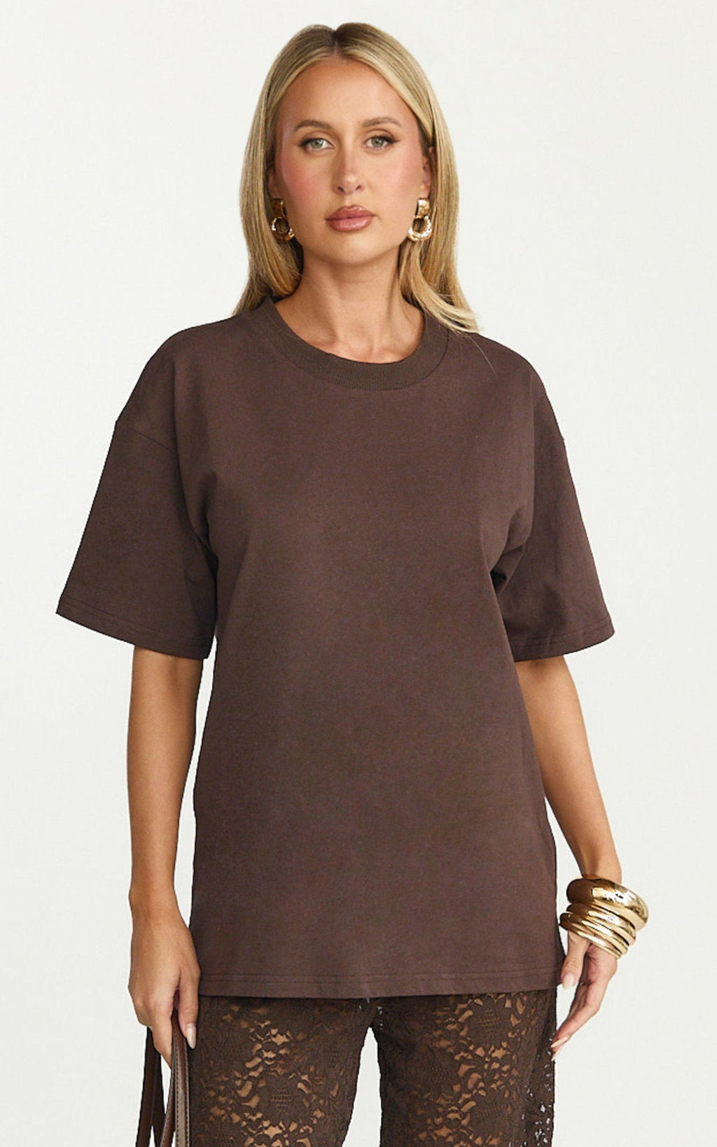 Prizza Top - Longline Boyfriend Tee Top in Chocolate