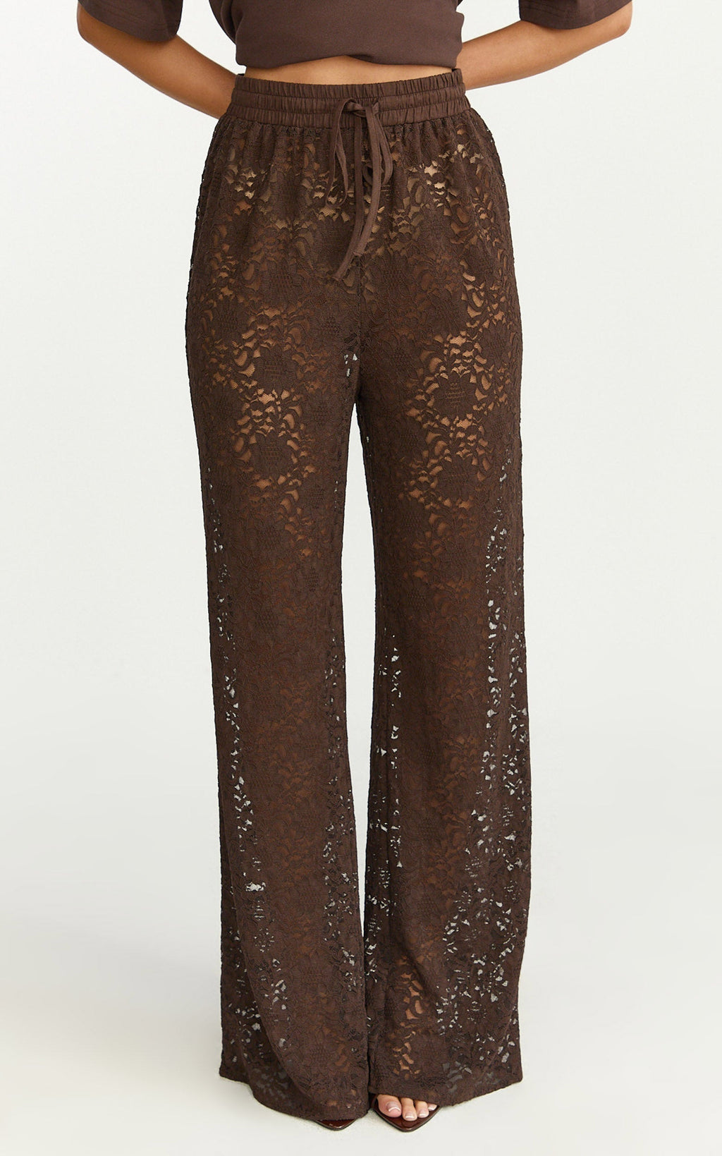 Roxy Pants - High Waist Lace Relaxed Drawstring Pants in Chocolate