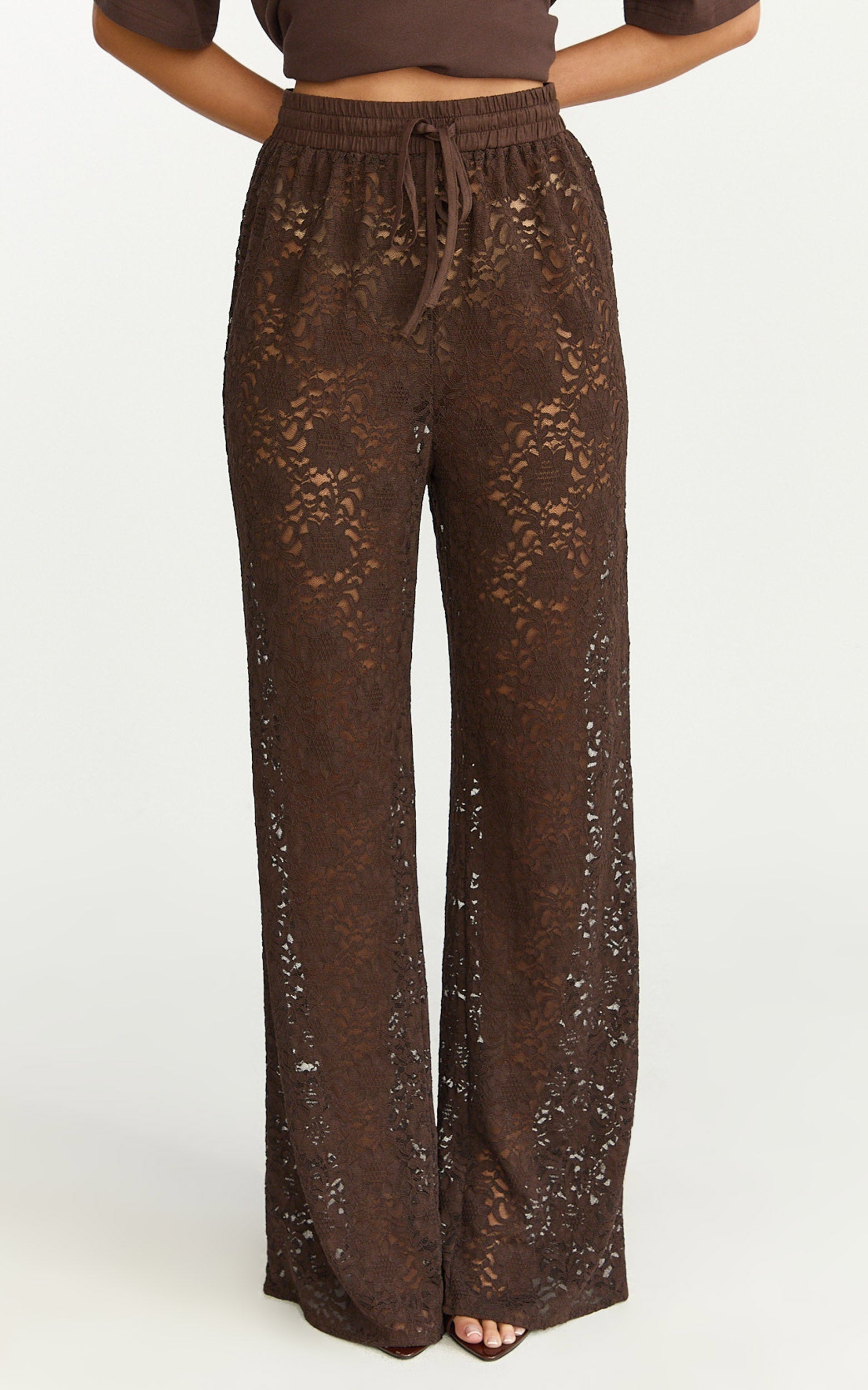 Roxy Pants - High Waist Lace Relaxed Drawstring Pants in Chocolate